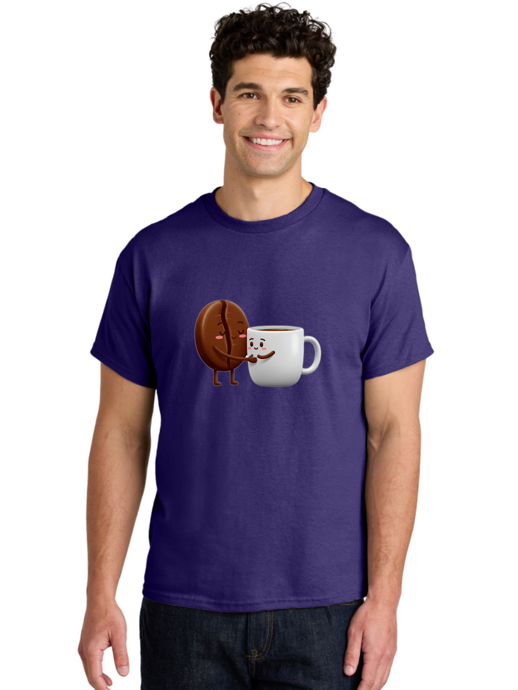 Coffee-Kissing Men'S Graphic Tee, 100% Cotton, Comfortable Casual Summer Wear, Machine Washable, Cartoon Cookie, Coffee Mug, Anthropomorphic Characters, Smiling Faces, Friendly Interaction, Chocolate Cookie, Coffee Drink, Bab802