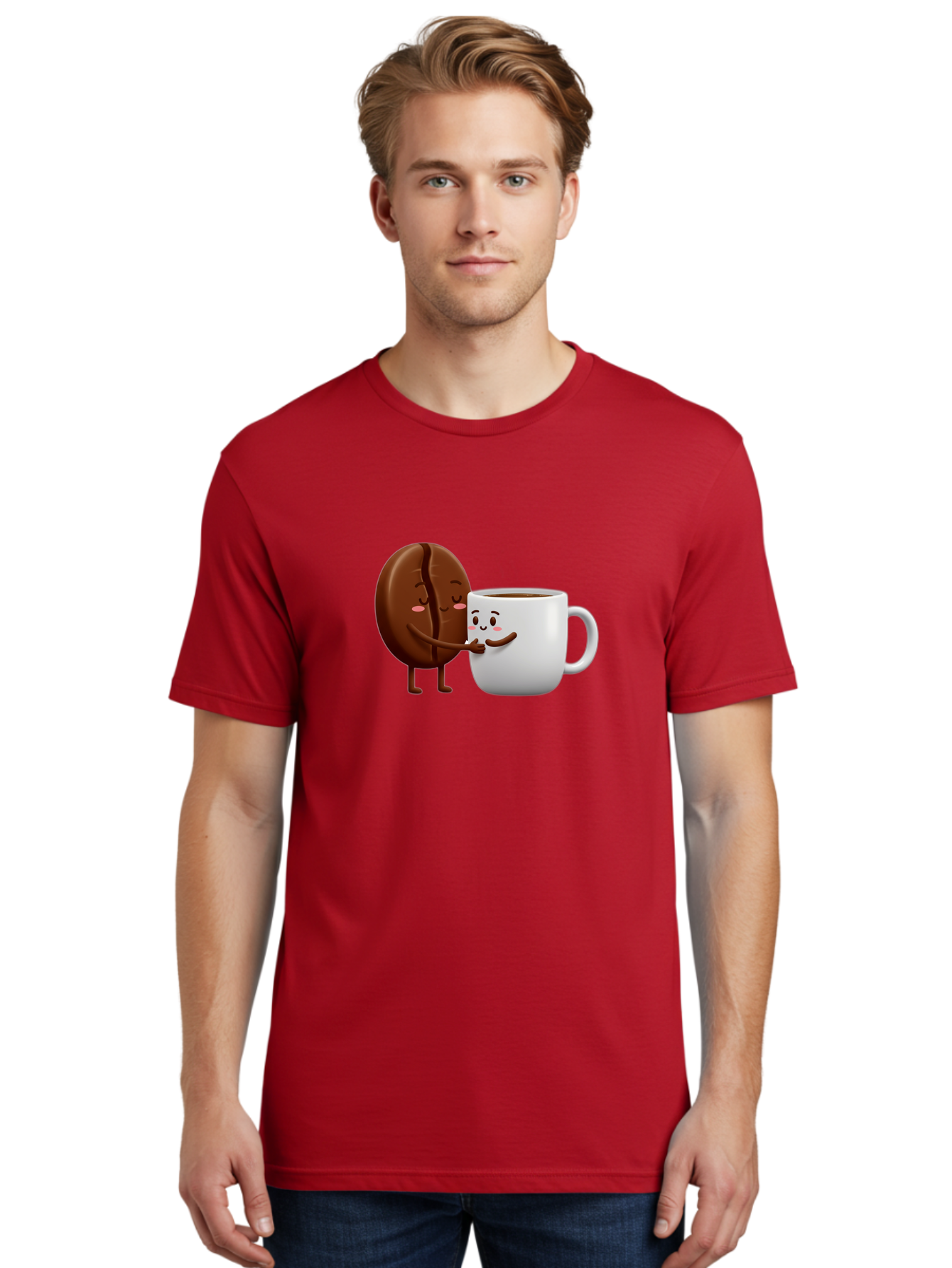 Coffee-Kissing Men'S Graphic Tee, 100% Cotton, Comfortable Casual Summer Wear, Machine Washable, Cartoon Cookie, Coffee Mug, Anthropomorphic Characters, Smiling Faces, Friendly Interaction, Chocolate Cookie, Coffee Drink, Bab802
