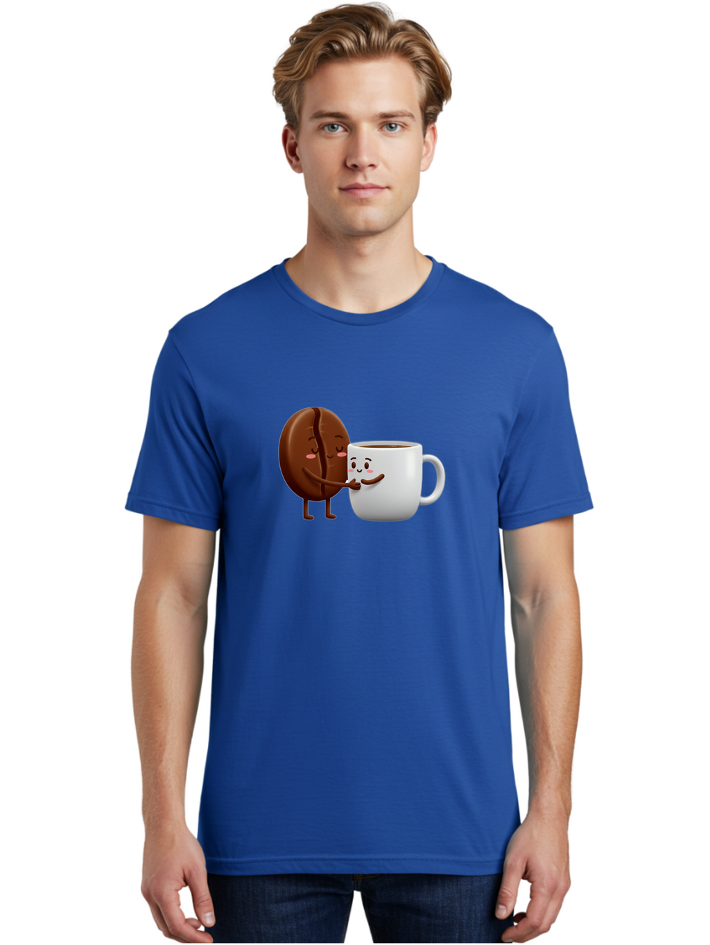 Coffee-Kissing Men'S Graphic Tee, 100% Cotton, Comfortable Casual Summer Wear, Machine Washable, Cartoon Cookie, Coffee Mug, Anthropomorphic Characters, Smiling Faces, Friendly Interaction, Chocolate Cookie, Coffee Drink, Bab802