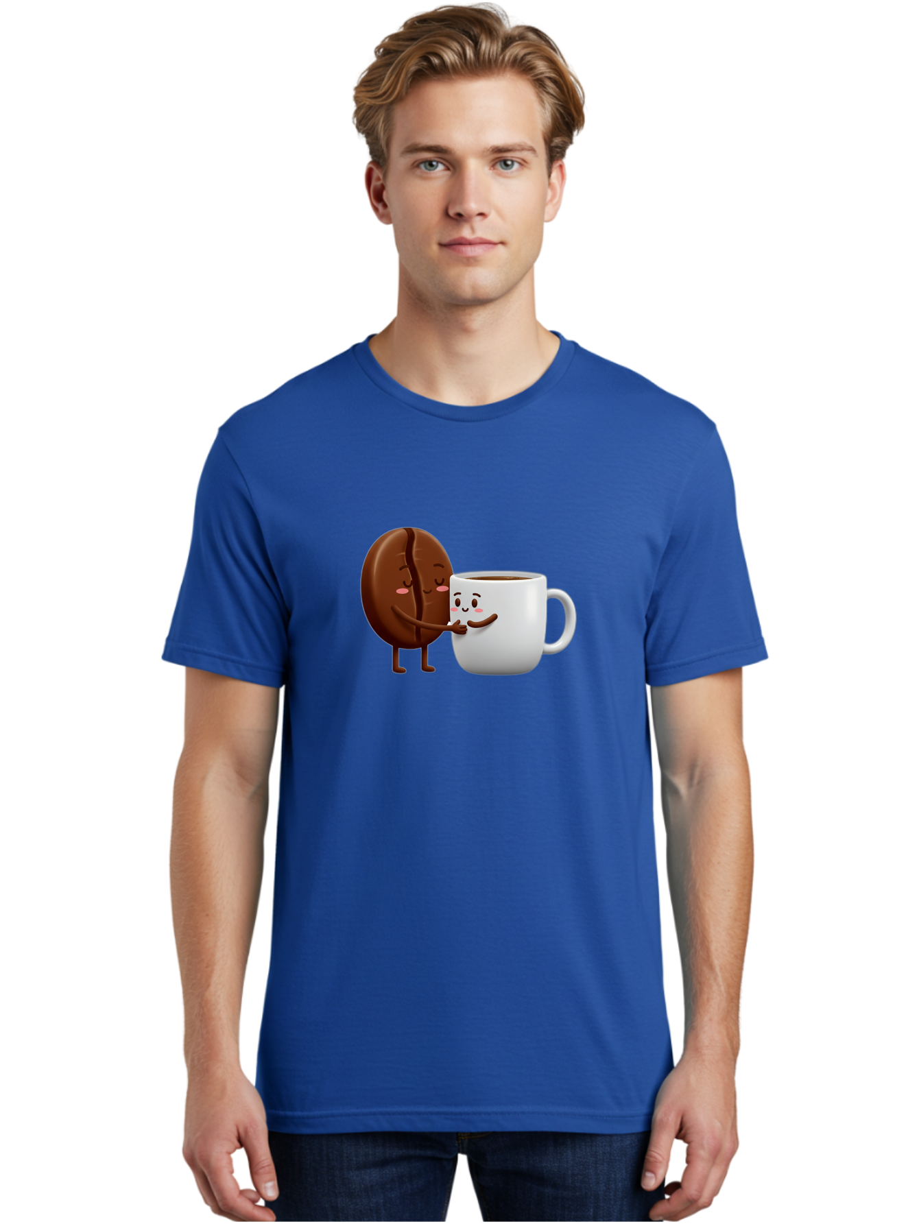 Coffee-Kissing Men'S Graphic Tee, 100% Cotton, Comfortable Casual Summer Wear, Machine Washable, Cartoon Cookie, Coffee Mug, Anthropomorphic Characters, Smiling Faces, Friendly Interaction, Chocolate Cookie, Coffee Drink, Bab802
