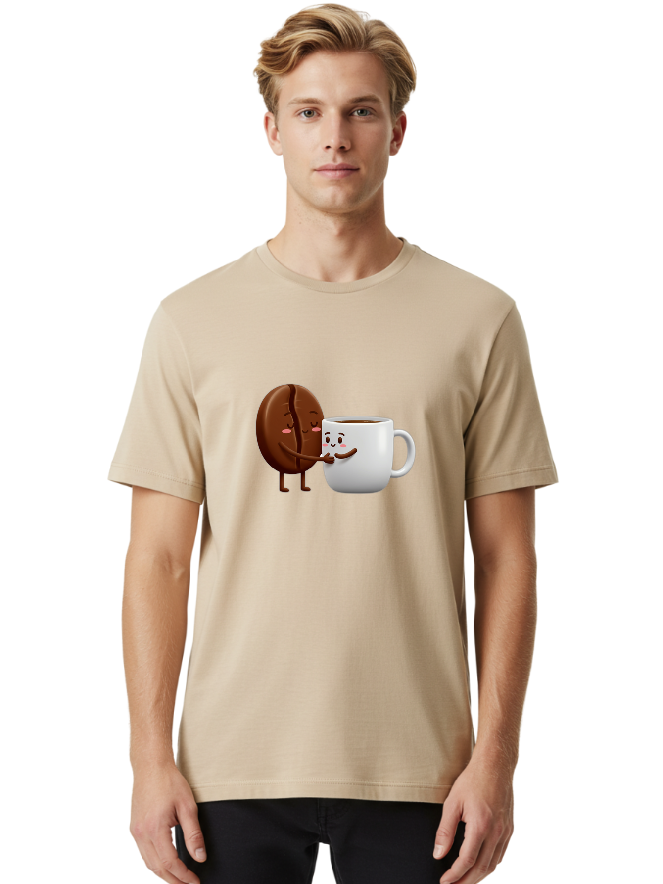 Coffee-Kissing Men'S Graphic Tee, 100% Cotton, Comfortable Casual Summer Wear, Machine Washable, Cartoon Cookie, Coffee Mug, Anthropomorphic Characters, Smiling Faces, Friendly Interaction, Chocolate Cookie, Coffee Drink, Bab802