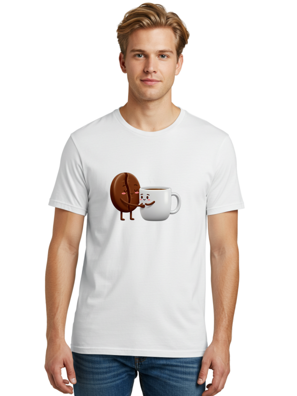 Coffee-Kissing Men'S Graphic Tee, 100% Cotton, Comfortable Casual Summer Wear, Machine Washable, Cartoon Cookie, Coffee Mug, Anthropomorphic Characters, Smiling Faces, Friendly Interaction, Chocolate Cookie, Coffee Drink, Bab802