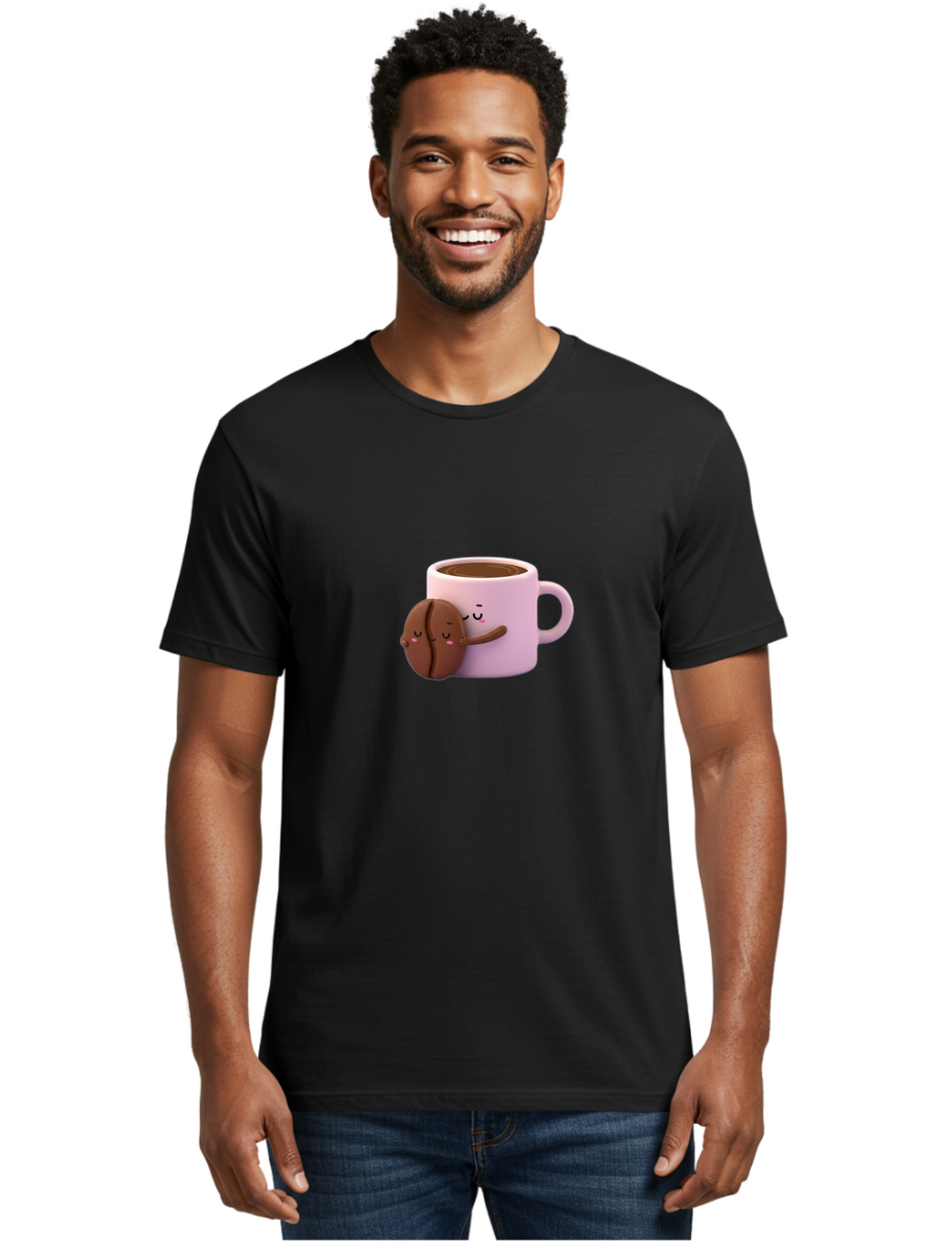 Coffee-Mug-Hugging-Cookie Men'S Graphic Tee, 100% Cotton, Comfortable Casual Summer Wear, Machine Washable, Cartoon Coffee Mug, Chocolate Chip Cookie, Kawaii Characters, Adorable Hugs, Happy Faces, Coffee Break, Sweet Treats, Yummy Goodies Bab803