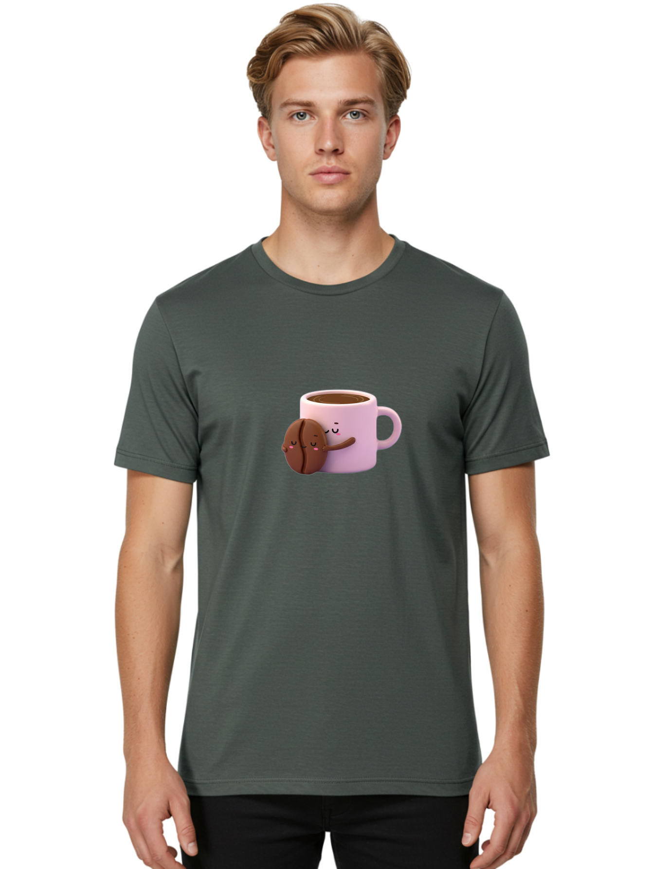 Coffee-Mug-Hugging-Cookie Men'S Graphic Tee, 100% Cotton, Comfortable Casual Summer Wear, Machine Washable, Cartoon Coffee Mug, Chocolate Chip Cookie, Kawaii Characters, Adorable Hugs, Happy Faces, Coffee Break, Sweet Treats, Yummy Goodies Bab803