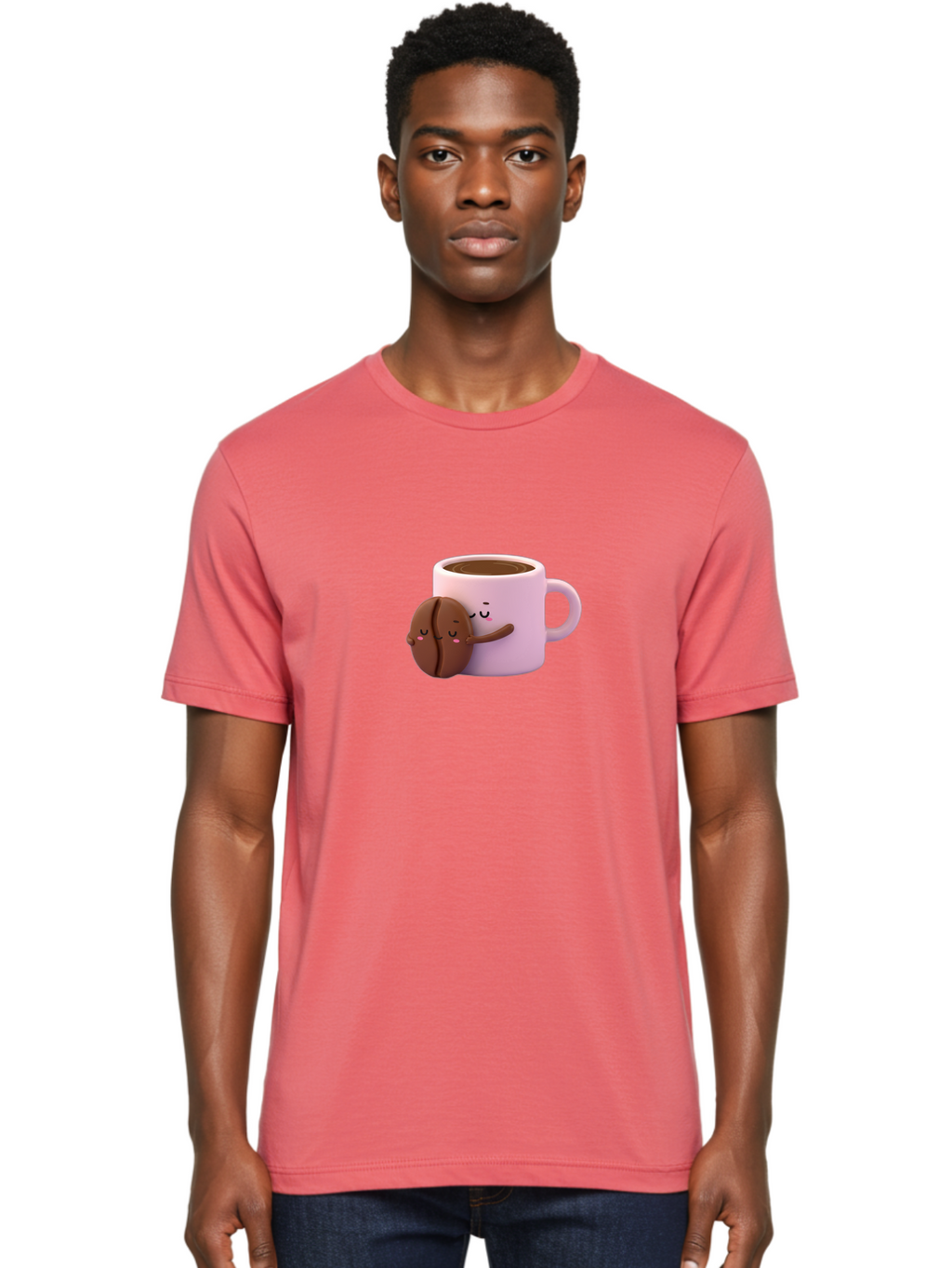 Coffee-Mug-Hugging-Cookie Men'S Graphic Tee, 100% Cotton, Comfortable Casual Summer Wear, Machine Washable, Cartoon Coffee Mug, Chocolate Chip Cookie, Kawaii Characters, Adorable Hugs, Happy Faces, Coffee Break, Sweet Treats, Yummy Goodies Bab803