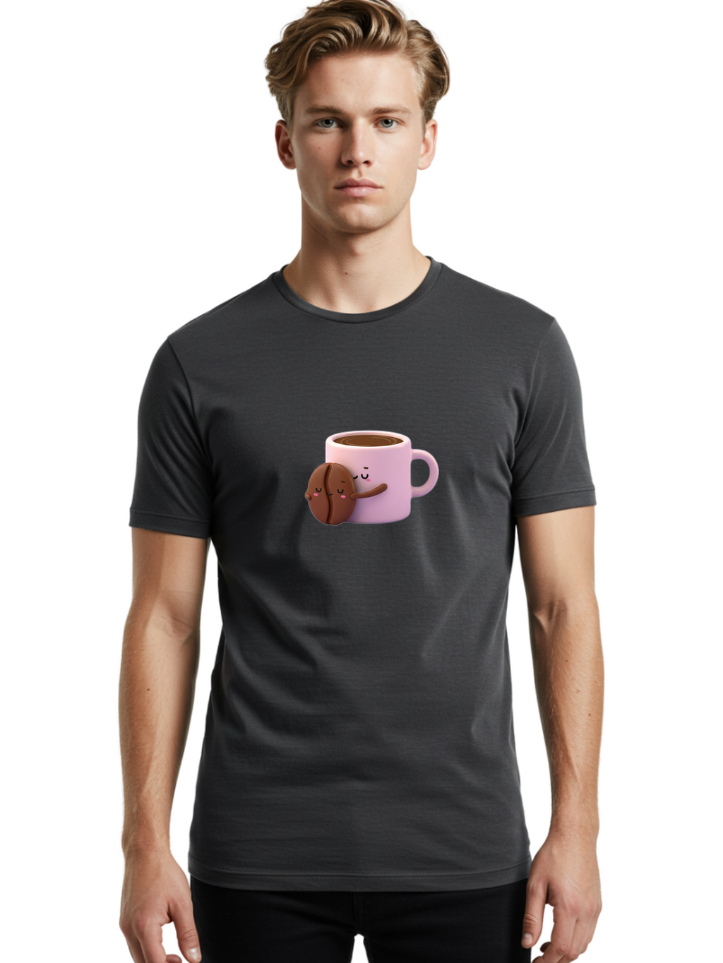 Coffee-Mug-Hugging-Cookie Men'S Graphic Tee, 100% Cotton, Comfortable Casual Summer Wear, Machine Washable, Cartoon Coffee Mug, Chocolate Chip Cookie, Kawaii Characters, Adorable Hugs, Happy Faces, Coffee Break, Sweet Treats, Yummy Goodies Bab803