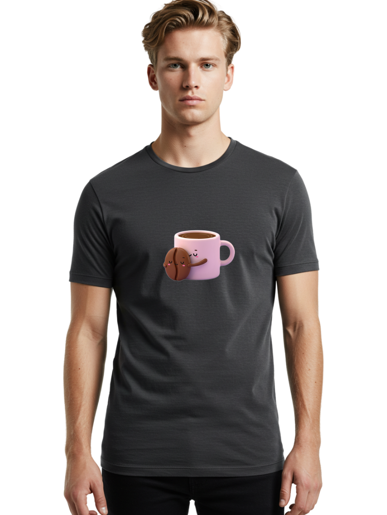 Coffee-Mug-Hugging-Cookie Men'S Graphic Tee, 100% Cotton, Comfortable Casual Summer Wear, Machine Washable, Cartoon Coffee Mug, Chocolate Chip Cookie, Kawaii Characters, Adorable Hugs, Happy Faces, Coffee Break, Sweet Treats, Yummy Goodies Bab803