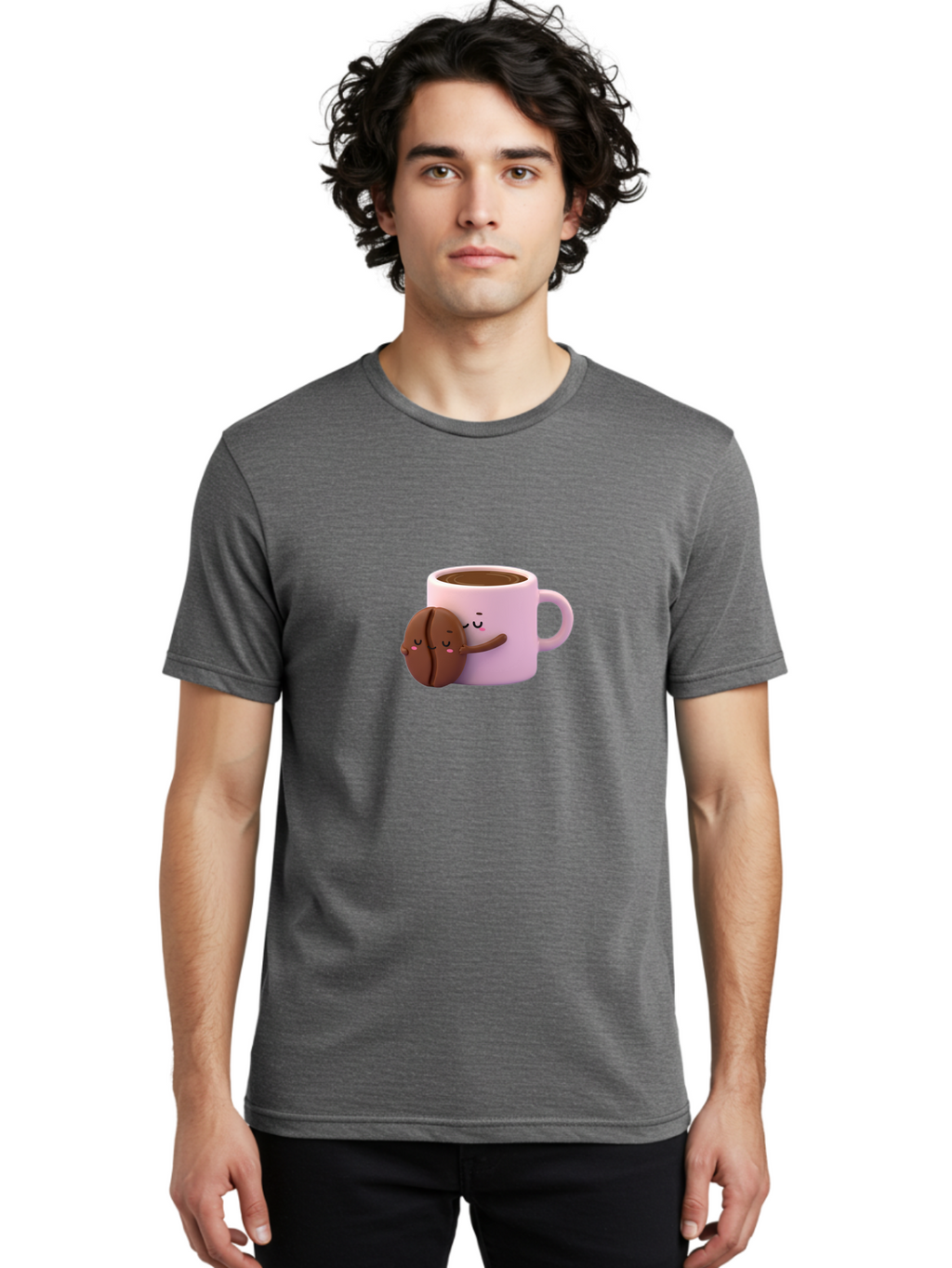 Coffee-Mug-Hugging-Cookie Men'S Graphic Tee, 100% Cotton, Comfortable Casual Summer Wear, Machine Washable, Cartoon Coffee Mug, Chocolate Chip Cookie, Kawaii Characters, Adorable Hugs, Happy Faces, Coffee Break, Sweet Treats, Yummy Goodies Bab803