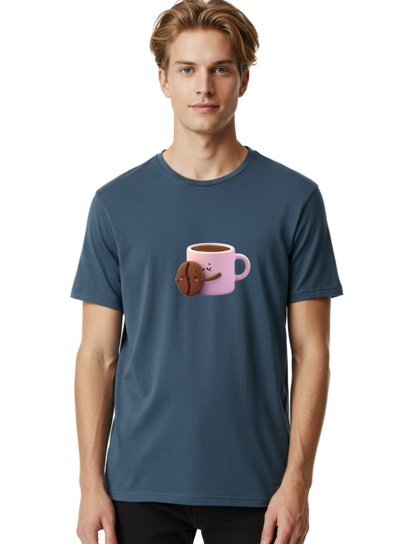 Coffee-Mug-Hugging-Cookie Men'S Graphic Tee, 100% Cotton, Comfortable Casual Summer Wear, Machine Washable, Cartoon Coffee Mug, Chocolate Chip Cookie, Kawaii Characters, Adorable Hugs, Happy Faces, Coffee Break, Sweet Treats, Yummy Goodies Bab803