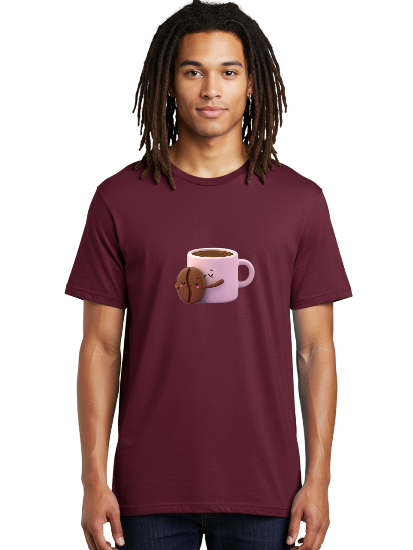 Coffee-Mug-Hugging-Cookie Men'S Graphic Tee, 100% Cotton, Comfortable Casual Summer Wear, Machine Washable, Cartoon Coffee Mug, Chocolate Chip Cookie, Kawaii Characters, Adorable Hugs, Happy Faces, Coffee Break, Sweet Treats, Yummy Goodies Bab803