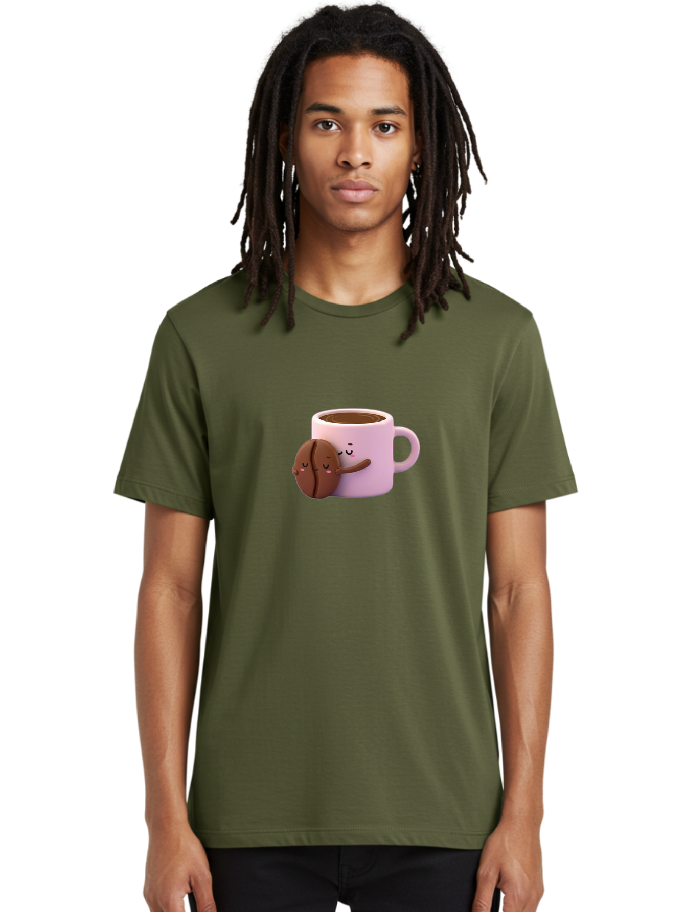 Coffee-Mug-Hugging-Cookie Men'S Graphic Tee, 100% Cotton, Comfortable Casual Summer Wear, Machine Washable, Cartoon Coffee Mug, Chocolate Chip Cookie, Kawaii Characters, Adorable Hugs, Happy Faces, Coffee Break, Sweet Treats, Yummy Goodies Bab803