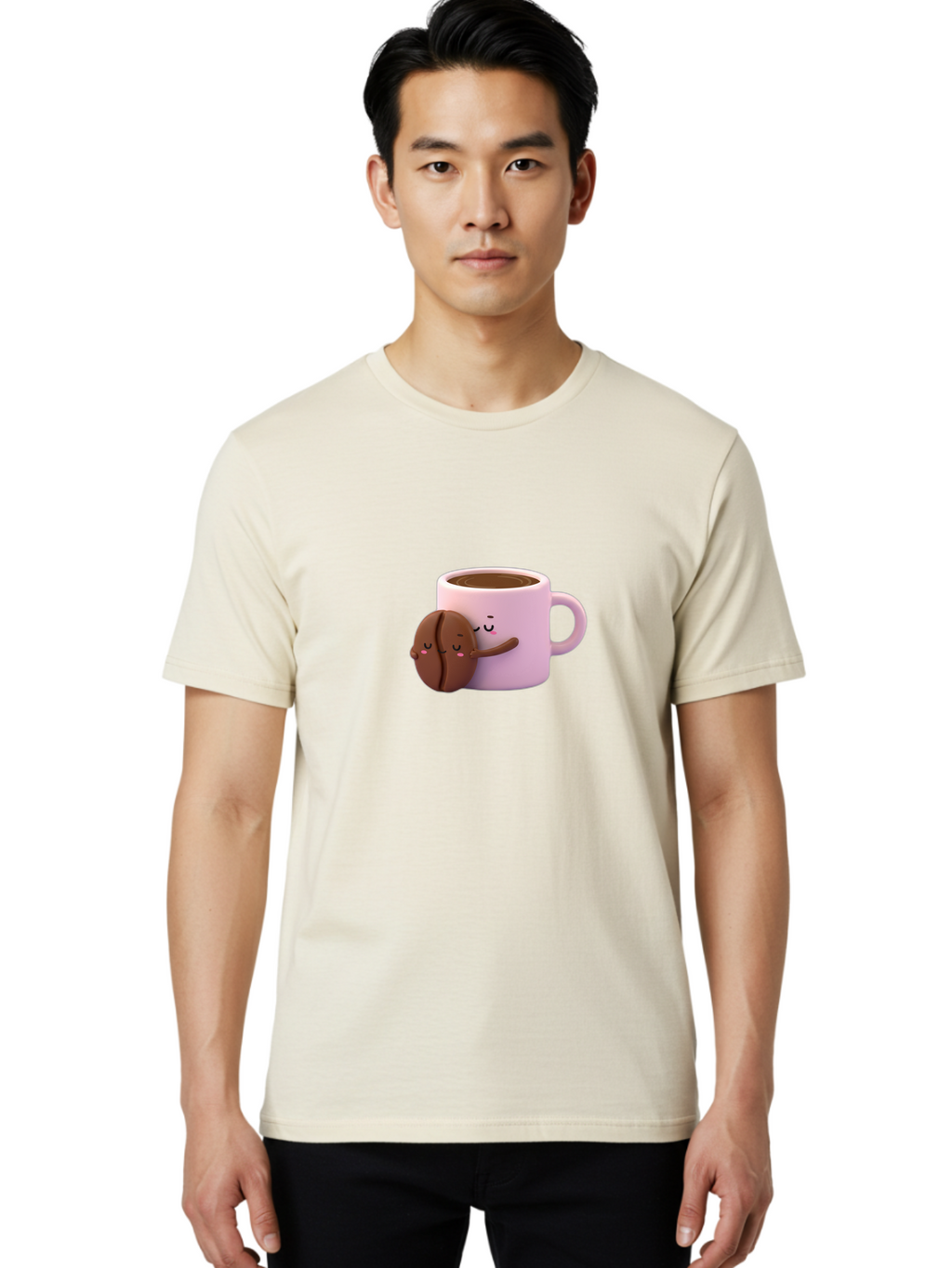 Coffee-Mug-Hugging-Cookie Men'S Graphic Tee, 100% Cotton, Comfortable Casual Summer Wear, Machine Washable, Cartoon Coffee Mug, Chocolate Chip Cookie, Kawaii Characters, Adorable Hugs, Happy Faces, Coffee Break, Sweet Treats, Yummy Goodies Bab803