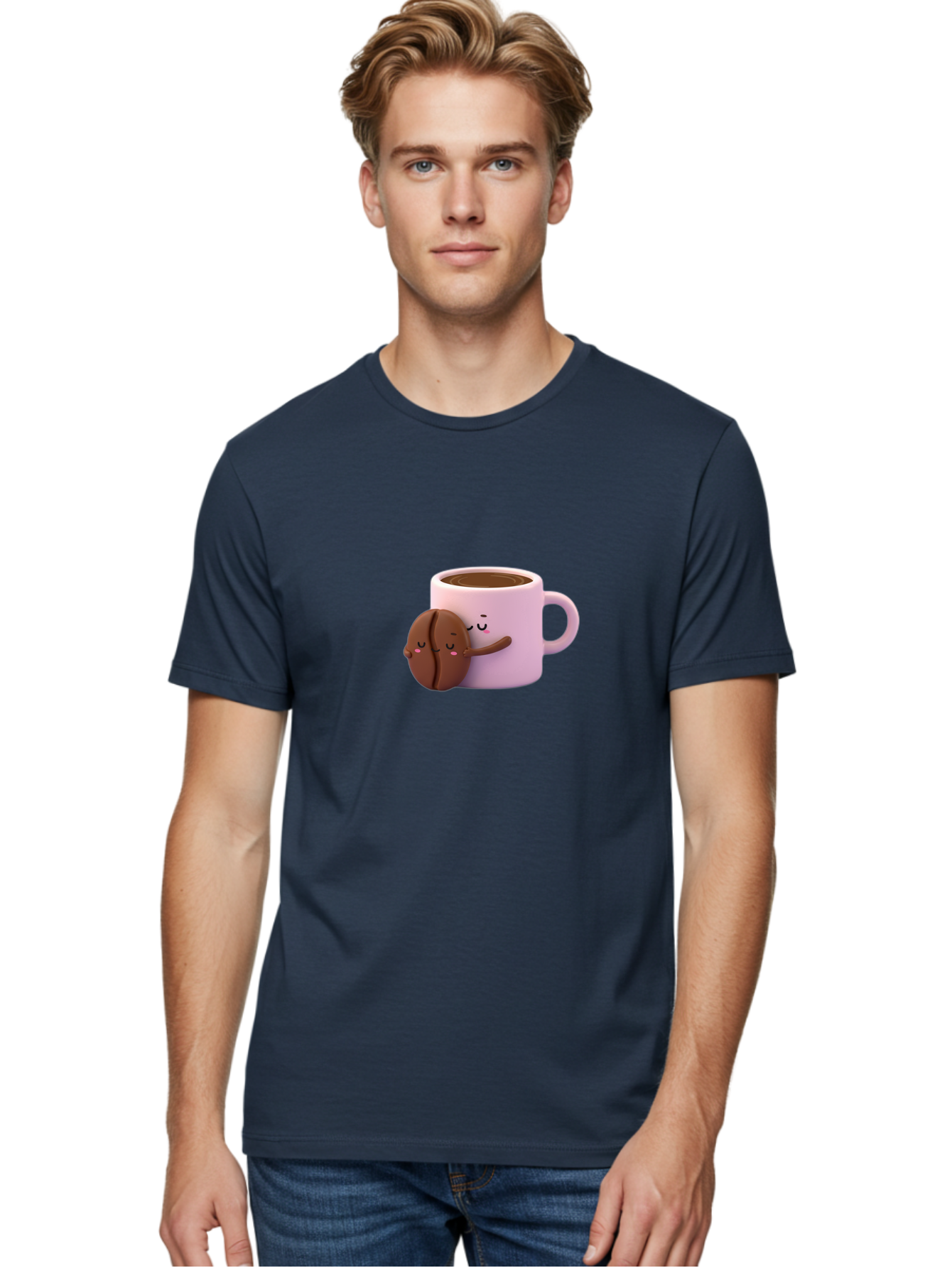 Coffee-Mug-Hugging-Cookie Men'S Graphic Tee, 100% Cotton, Comfortable Casual Summer Wear, Machine Washable, Cartoon Coffee Mug, Chocolate Chip Cookie, Kawaii Characters, Adorable Hugs, Happy Faces, Coffee Break, Sweet Treats, Yummy Goodies Bab803