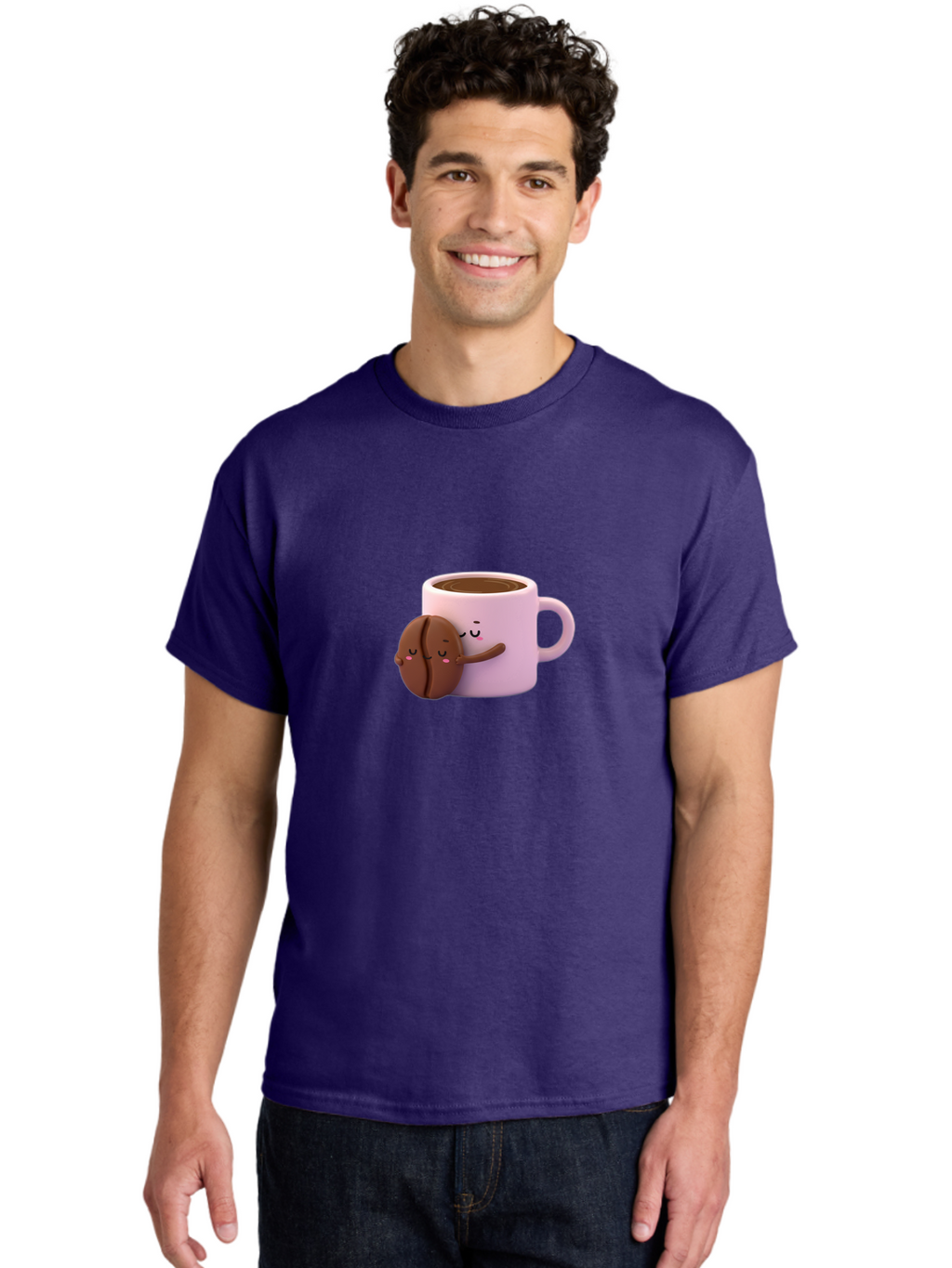Coffee-Mug-Hugging-Cookie Men'S Graphic Tee, 100% Cotton, Comfortable Casual Summer Wear, Machine Washable, Cartoon Coffee Mug, Chocolate Chip Cookie, Kawaii Characters, Adorable Hugs, Happy Faces, Coffee Break, Sweet Treats, Yummy Goodies Bab803