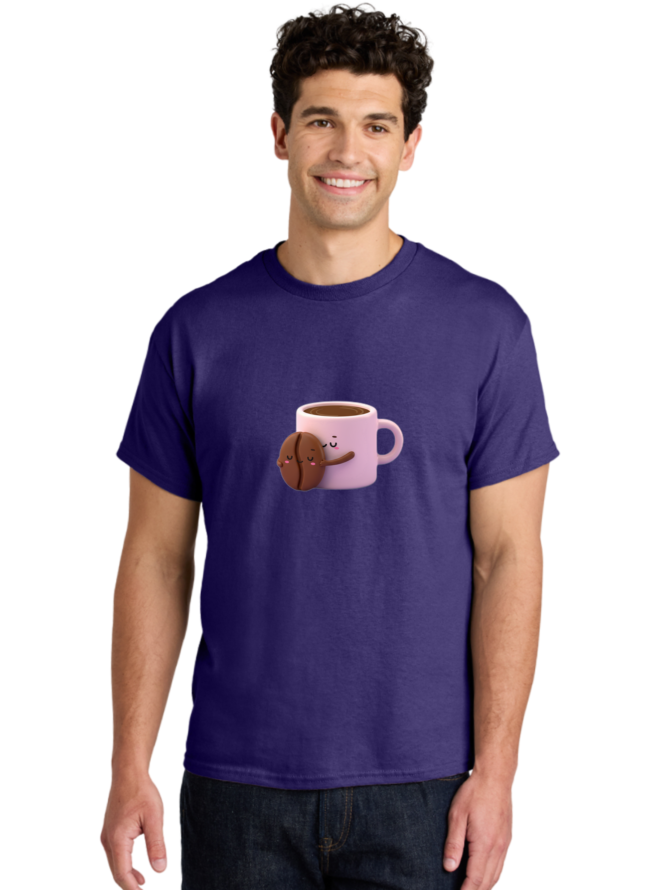 Coffee-Mug-Hugging-Cookie Men'S Graphic Tee, 100% Cotton, Comfortable Casual Summer Wear, Machine Washable, Cartoon Coffee Mug, Chocolate Chip Cookie, Kawaii Characters, Adorable Hugs, Happy Faces, Coffee Break, Sweet Treats, Yummy Goodies Bab803