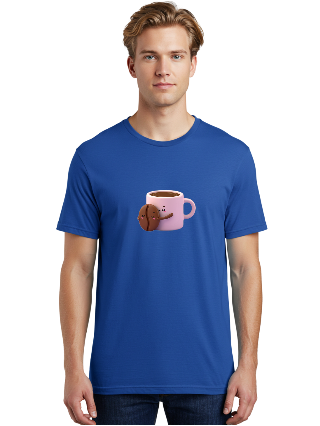 Coffee-Mug-Hugging-Cookie Men'S Graphic Tee, 100% Cotton, Comfortable Casual Summer Wear, Machine Washable, Cartoon Coffee Mug, Chocolate Chip Cookie, Kawaii Characters, Adorable Hugs, Happy Faces, Coffee Break, Sweet Treats, Yummy Goodies Bab803