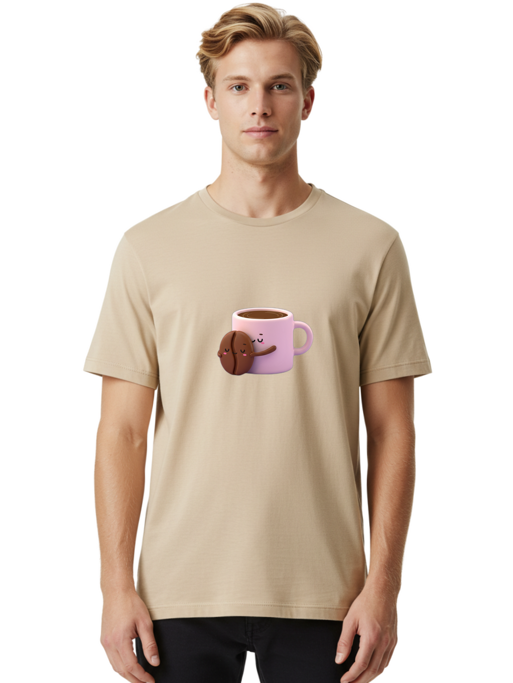 Coffee-Mug-Hugging-Cookie Men'S Graphic Tee, 100% Cotton, Comfortable Casual Summer Wear, Machine Washable, Cartoon Coffee Mug, Chocolate Chip Cookie, Kawaii Characters, Adorable Hugs, Happy Faces, Coffee Break, Sweet Treats, Yummy Goodies Bab803