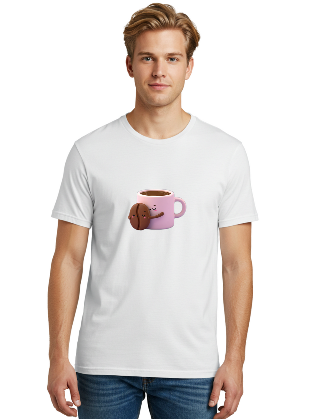 Coffee-Mug-Hugging-Cookie Men'S Graphic Tee, 100% Cotton, Comfortable Casual Summer Wear, Machine Washable, Cartoon Coffee Mug, Chocolate Chip Cookie, Kawaii Characters, Adorable Hugs, Happy Faces, Coffee Break, Sweet Treats, Yummy Goodies Bab803