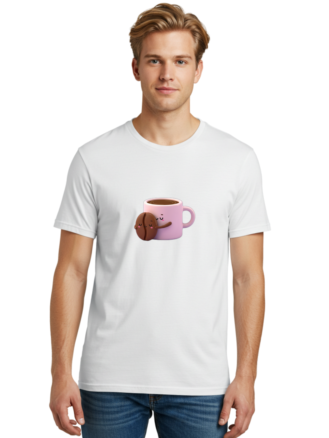 Coffee-Mug-Hugging-Cookie Men'S Graphic Tee, 100% Cotton, Comfortable Casual Summer Wear, Machine Washable, Cartoon Coffee Mug, Chocolate Chip Cookie, Kawaii Characters, Adorable Hugs, Happy Faces, Coffee Break, Sweet Treats, Yummy Goodies Bab803