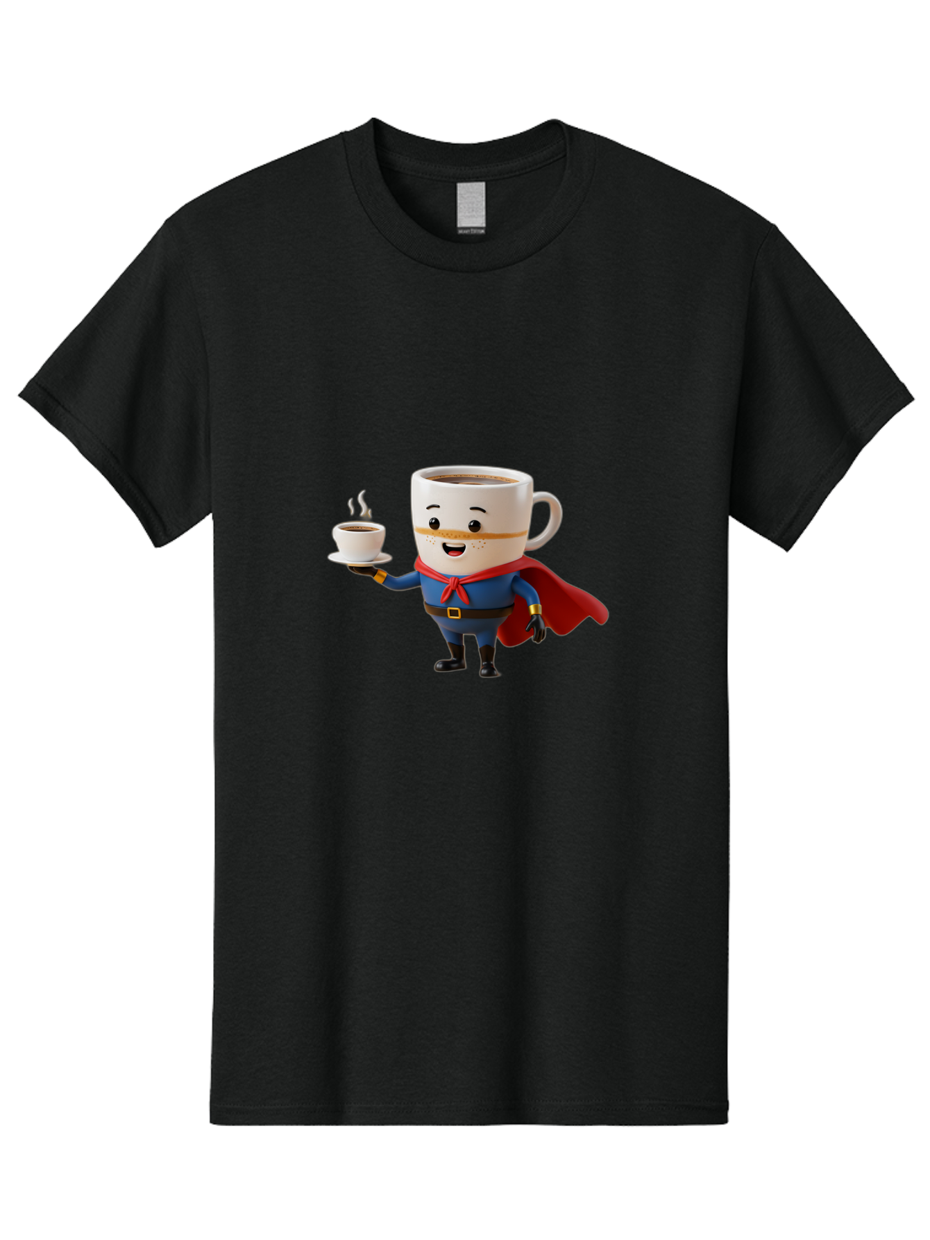 Coffee-Mug-Superhero Men'S Graphic Tee, 100% Cotton, Comfortable Casual Summer Wear, Machine Washable, Cartoon Coffee Mug, Superhero Outfit, Coffee Cup, Steaming Hot Coffee, Red Cape, Blue Uniform, Gold Accents, Quirky Character, Humor, Bab804
