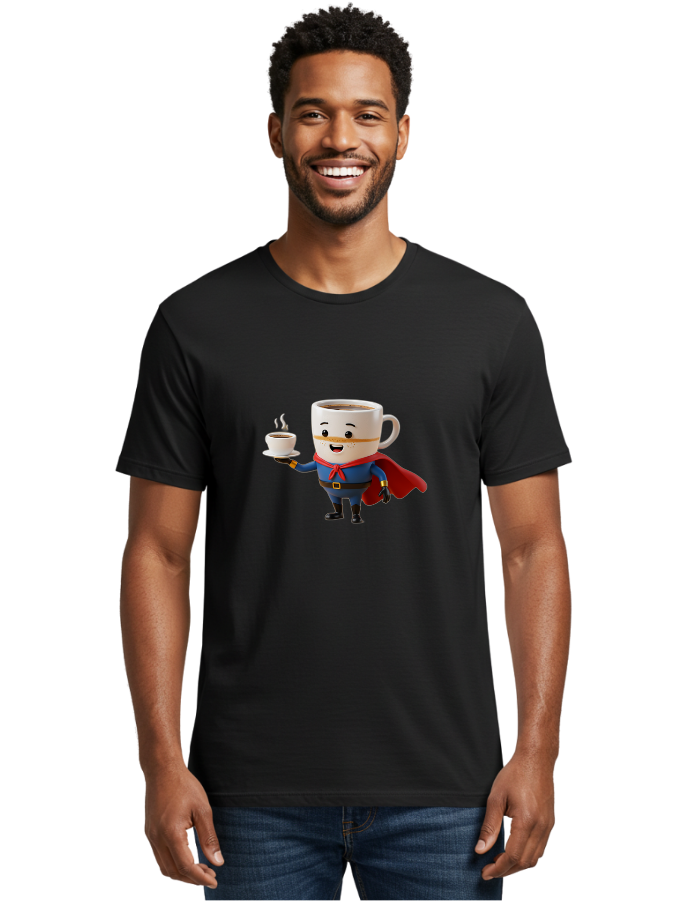 Coffee-Mug-Superhero Men'S Graphic Tee, 100% Cotton, Comfortable Casual Summer Wear, Machine Washable, Cartoon Coffee Mug, Superhero Outfit, Coffee Cup, Steaming Hot Coffee, Red Cape, Blue Uniform, Gold Accents, Quirky Character, Humor, Bab804