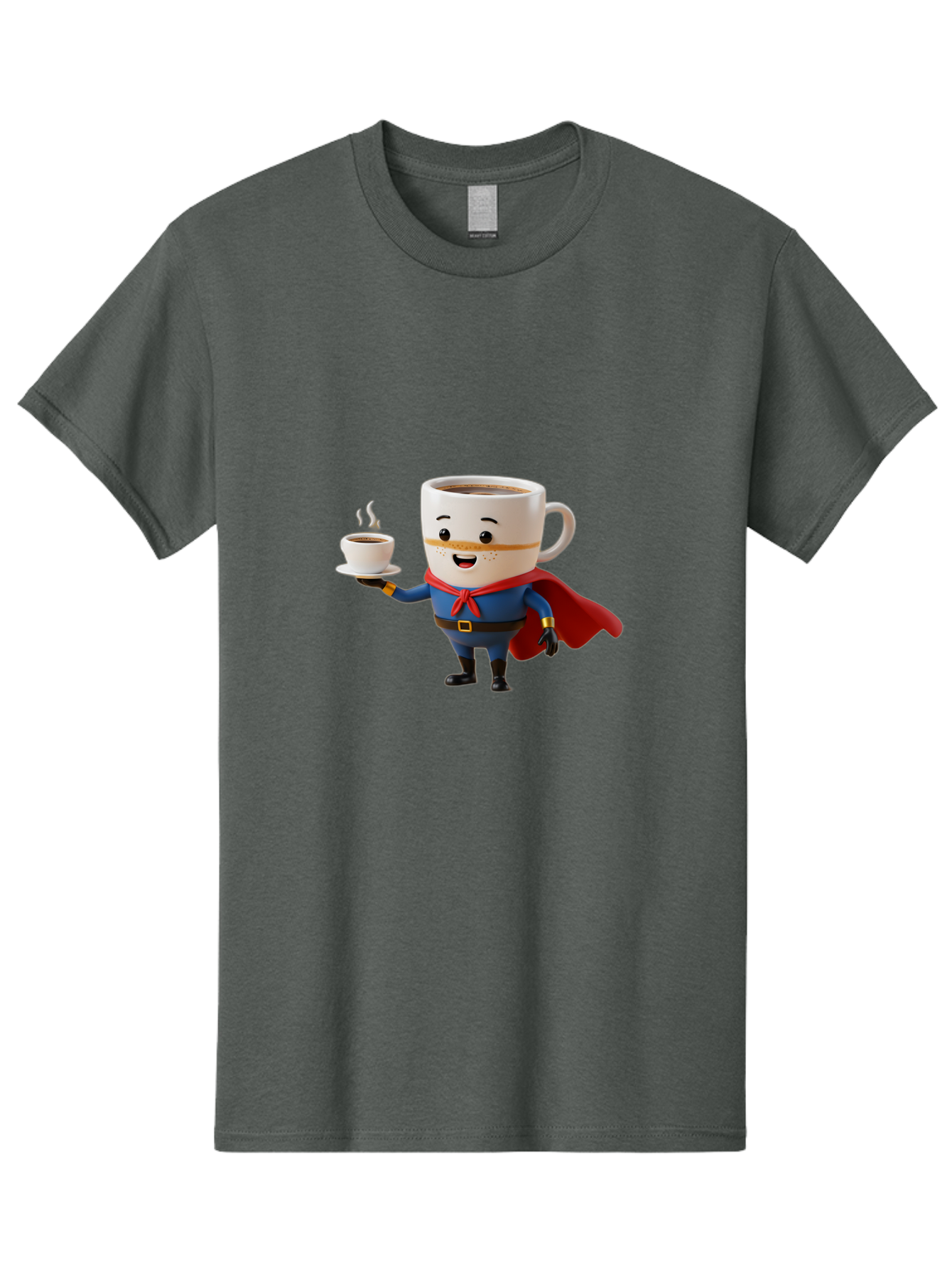 Coffee-Mug-Superhero Men'S Graphic Tee, 100% Cotton, Comfortable Casual Summer Wear, Machine Washable, Cartoon Coffee Mug, Superhero Outfit, Coffee Cup, Steaming Hot Coffee, Red Cape, Blue Uniform, Gold Accents, Quirky Character, Humor, Bab804