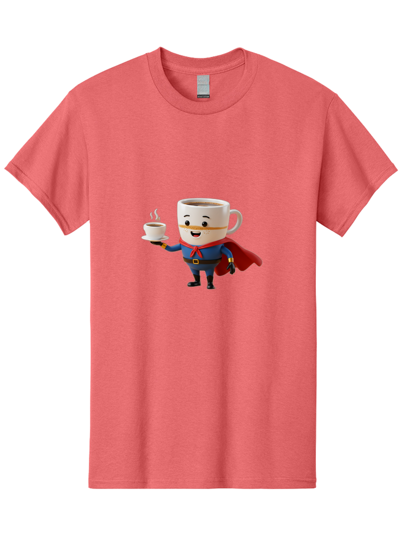 Coffee-Mug-Superhero Men'S Graphic Tee, 100% Cotton, Comfortable Casual Summer Wear, Machine Washable, Cartoon Coffee Mug, Superhero Outfit, Coffee Cup, Steaming Hot Coffee, Red Cape, Blue Uniform, Gold Accents, Quirky Character, Humor, Bab804