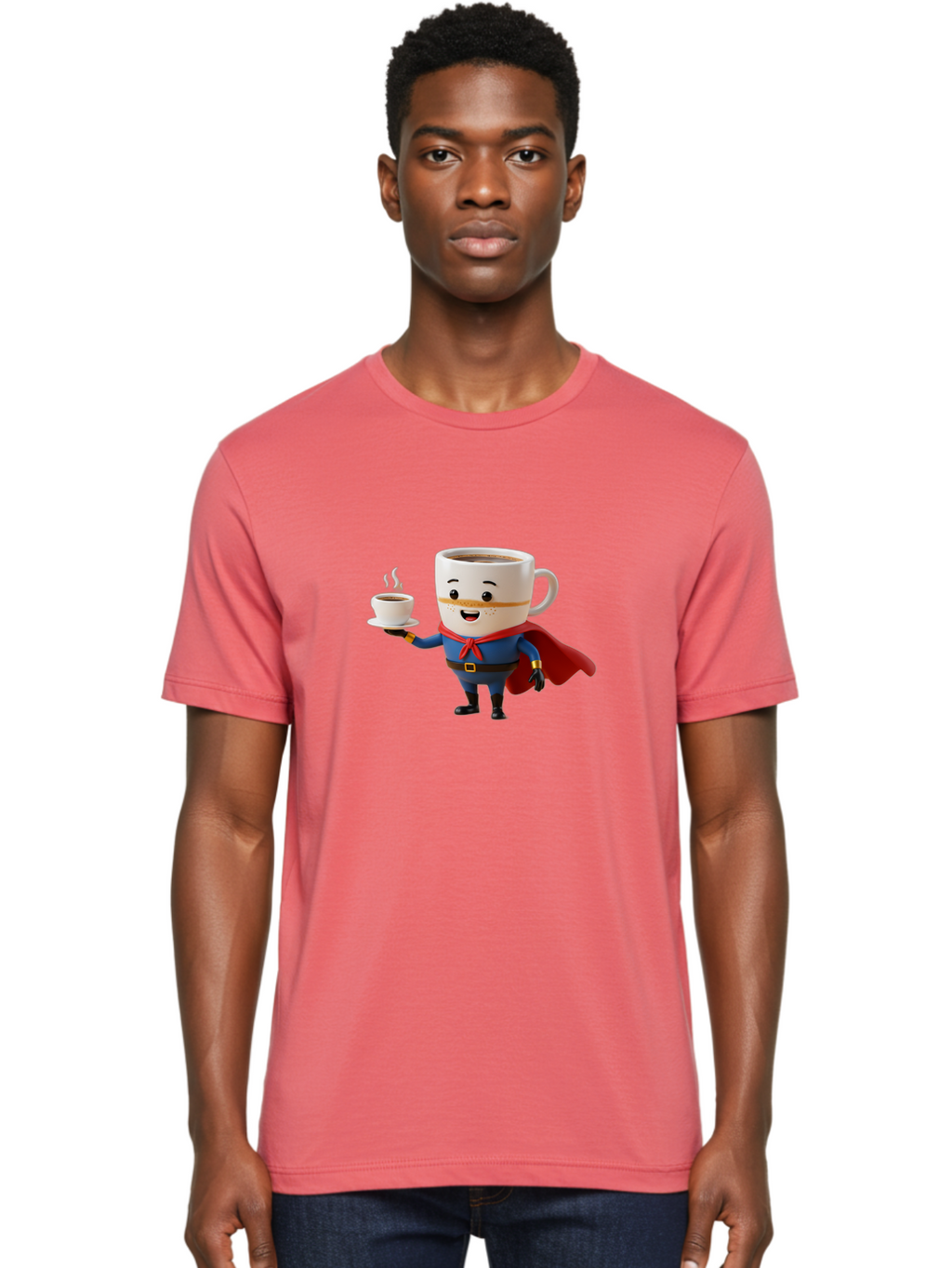 Coffee-Mug-Superhero Men'S Graphic Tee, 100% Cotton, Comfortable Casual Summer Wear, Machine Washable, Cartoon Coffee Mug, Superhero Outfit, Coffee Cup, Steaming Hot Coffee, Red Cape, Blue Uniform, Gold Accents, Quirky Character, Humor, Bab804