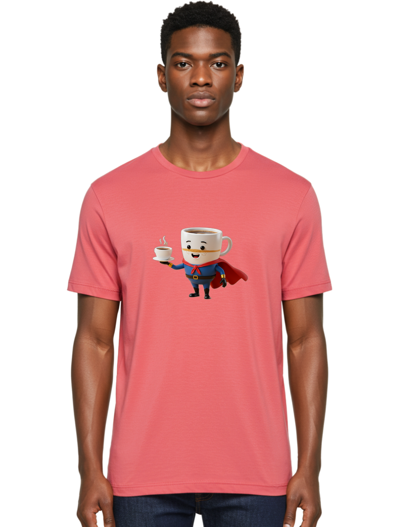 Coffee-Mug-Superhero Men'S Graphic Tee, 100% Cotton, Comfortable Casual Summer Wear, Machine Washable, Cartoon Coffee Mug, Superhero Outfit, Coffee Cup, Steaming Hot Coffee, Red Cape, Blue Uniform, Gold Accents, Quirky Character, Humor, Bab804