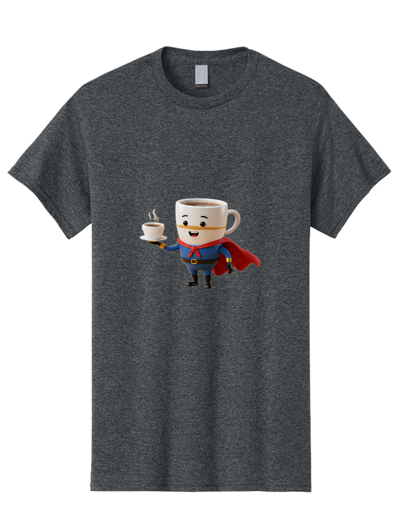 Coffee-Mug-Superhero Men'S Graphic Tee, 100% Cotton, Comfortable Casual Summer Wear, Machine Washable, Cartoon Coffee Mug, Superhero Outfit, Coffee Cup, Steaming Hot Coffee, Red Cape, Blue Uniform, Gold Accents, Quirky Character, Humor, Bab804