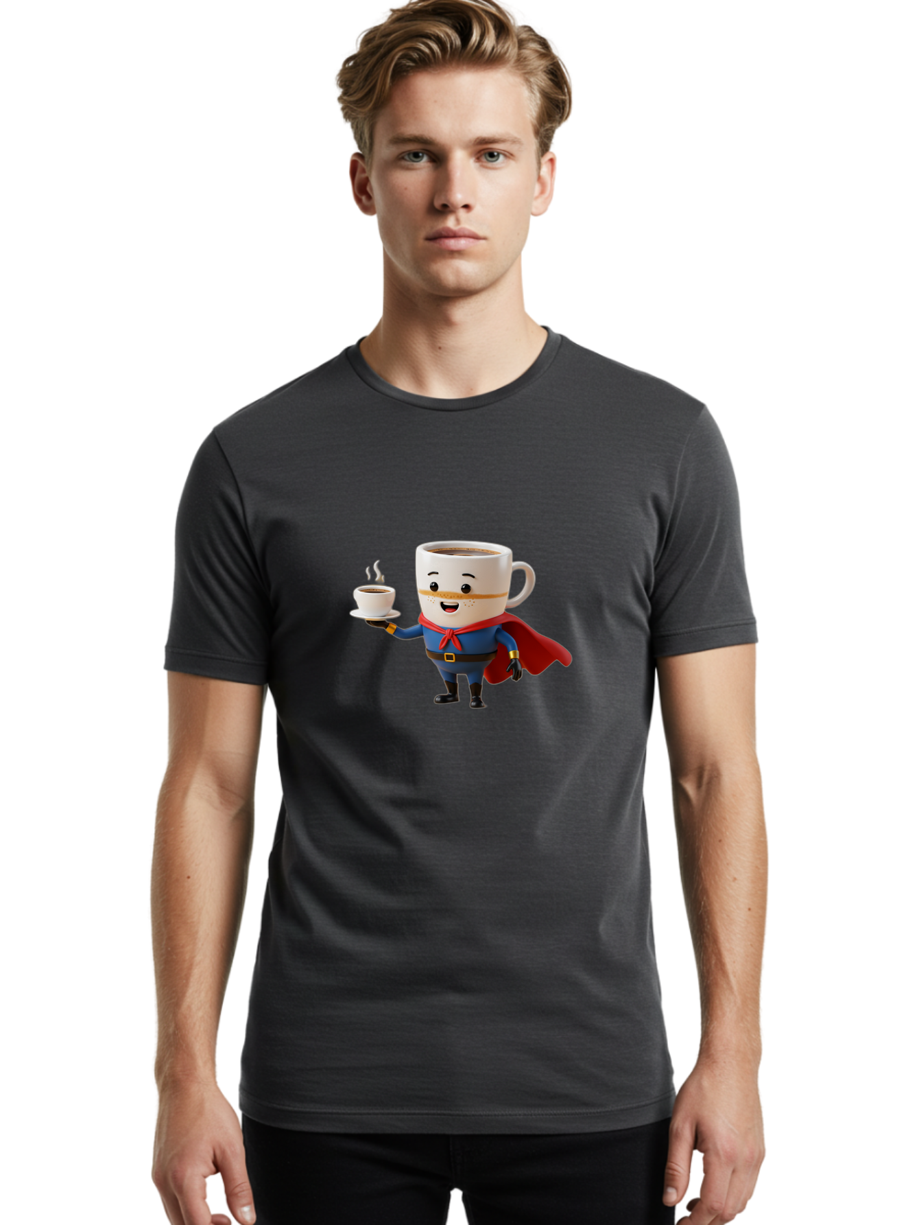 Coffee-Mug-Superhero Men'S Graphic Tee, 100% Cotton, Comfortable Casual Summer Wear, Machine Washable, Cartoon Coffee Mug, Superhero Outfit, Coffee Cup, Steaming Hot Coffee, Red Cape, Blue Uniform, Gold Accents, Quirky Character, Humor, Bab804