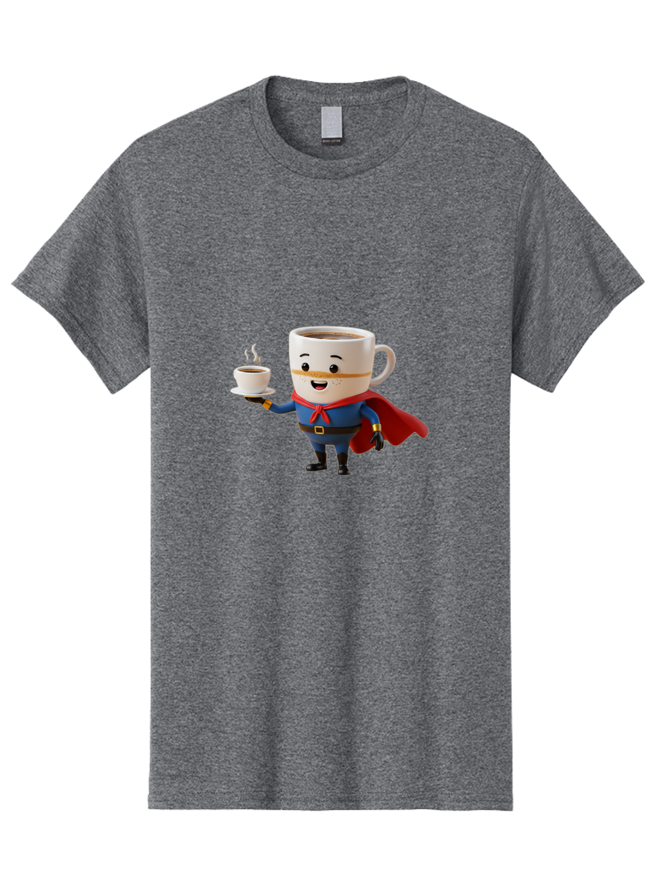 Coffee-Mug-Superhero Men'S Graphic Tee, 100% Cotton, Comfortable Casual Summer Wear, Machine Washable, Cartoon Coffee Mug, Superhero Outfit, Coffee Cup, Steaming Hot Coffee, Red Cape, Blue Uniform, Gold Accents, Quirky Character, Humor, Bab804