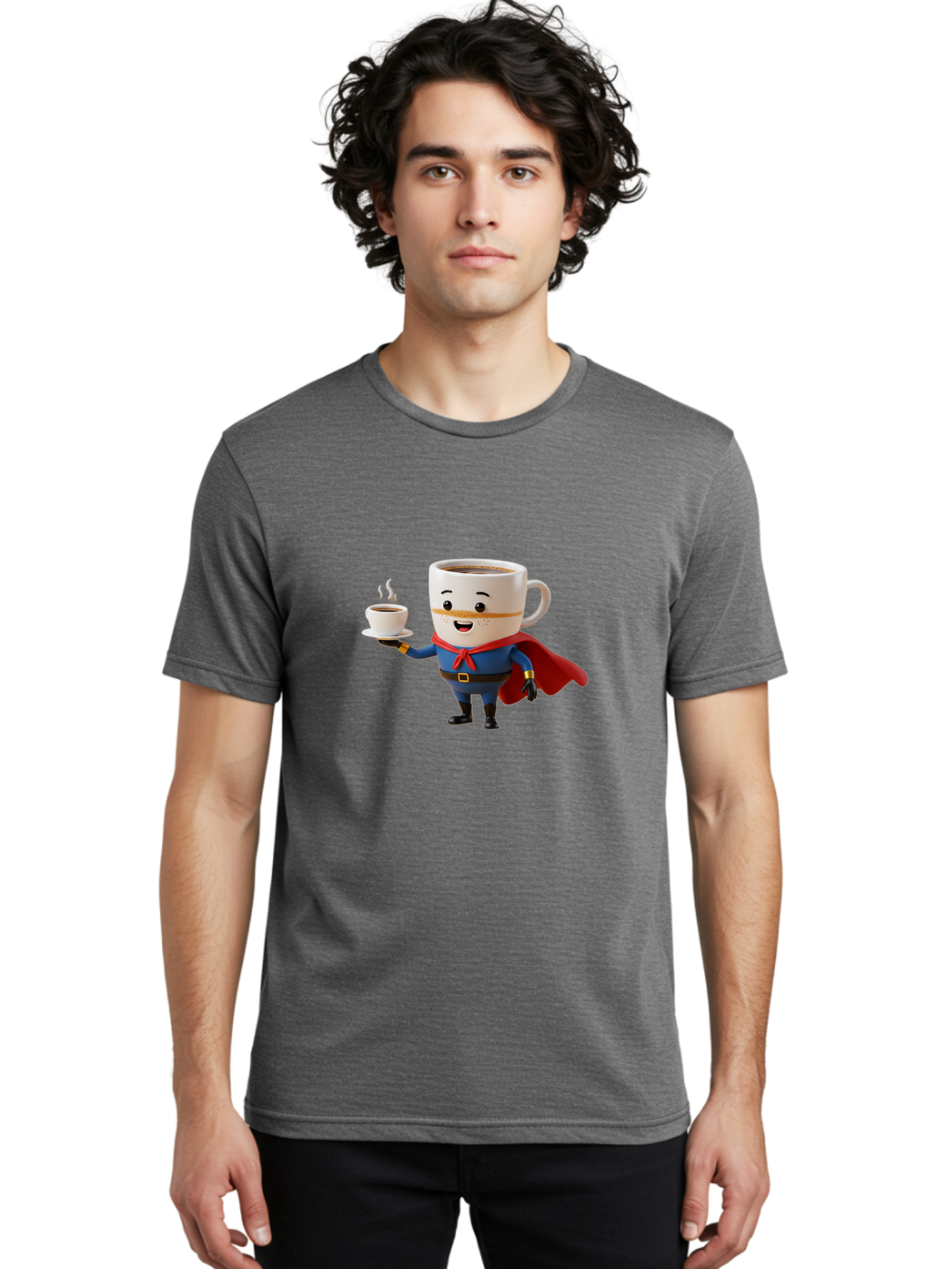 Coffee-Mug-Superhero Men'S Graphic Tee, 100% Cotton, Comfortable Casual Summer Wear, Machine Washable, Cartoon Coffee Mug, Superhero Outfit, Coffee Cup, Steaming Hot Coffee, Red Cape, Blue Uniform, Gold Accents, Quirky Character, Humor, Bab804