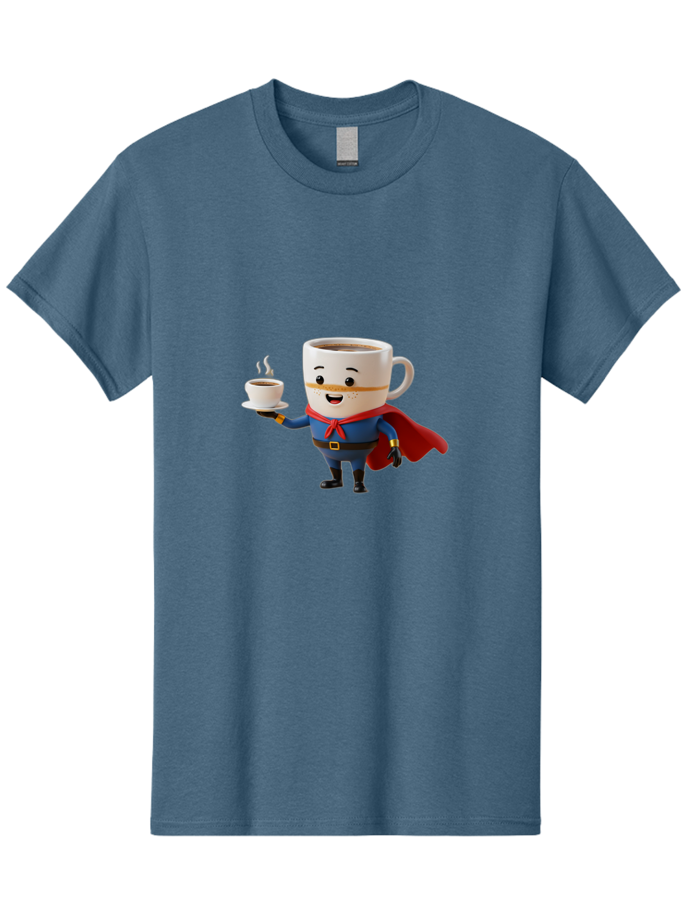 Coffee-Mug-Superhero Men'S Graphic Tee, 100% Cotton, Comfortable Casual Summer Wear, Machine Washable, Cartoon Coffee Mug, Superhero Outfit, Coffee Cup, Steaming Hot Coffee, Red Cape, Blue Uniform, Gold Accents, Quirky Character, Humor, Bab804