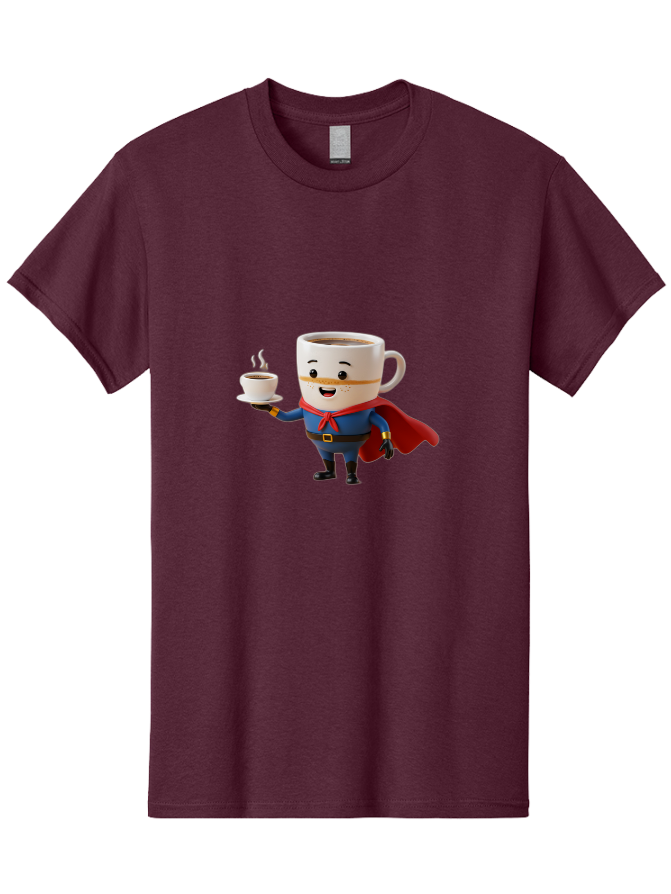 Coffee-Mug-Superhero Men'S Graphic Tee, 100% Cotton, Comfortable Casual Summer Wear, Machine Washable, Cartoon Coffee Mug, Superhero Outfit, Coffee Cup, Steaming Hot Coffee, Red Cape, Blue Uniform, Gold Accents, Quirky Character, Humor, Bab804