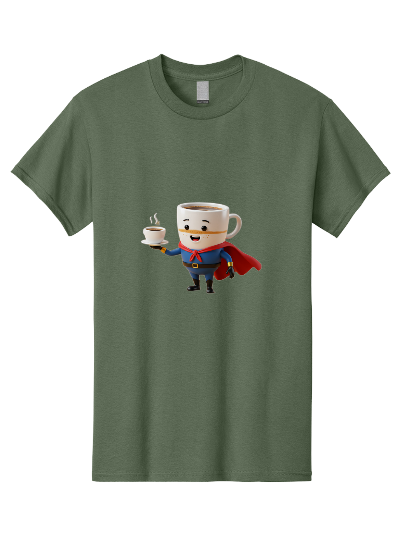Coffee-Mug-Superhero Men'S Graphic Tee, 100% Cotton, Comfortable Casual Summer Wear, Machine Washable, Cartoon Coffee Mug, Superhero Outfit, Coffee Cup, Steaming Hot Coffee, Red Cape, Blue Uniform, Gold Accents, Quirky Character, Humor, Bab804