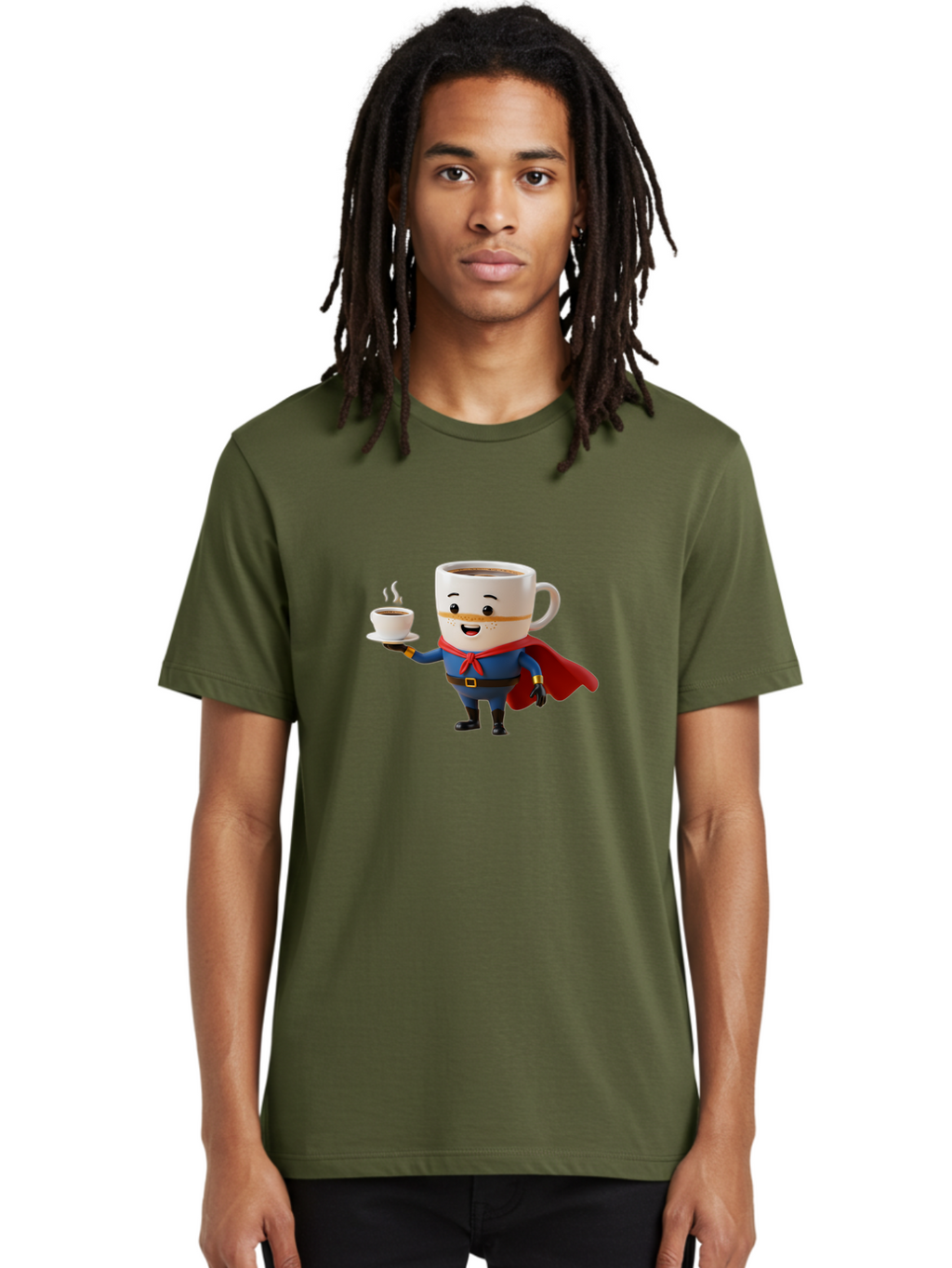 Coffee-Mug-Superhero Men'S Graphic Tee, 100% Cotton, Comfortable Casual Summer Wear, Machine Washable, Cartoon Coffee Mug, Superhero Outfit, Coffee Cup, Steaming Hot Coffee, Red Cape, Blue Uniform, Gold Accents, Quirky Character, Humor, Bab804