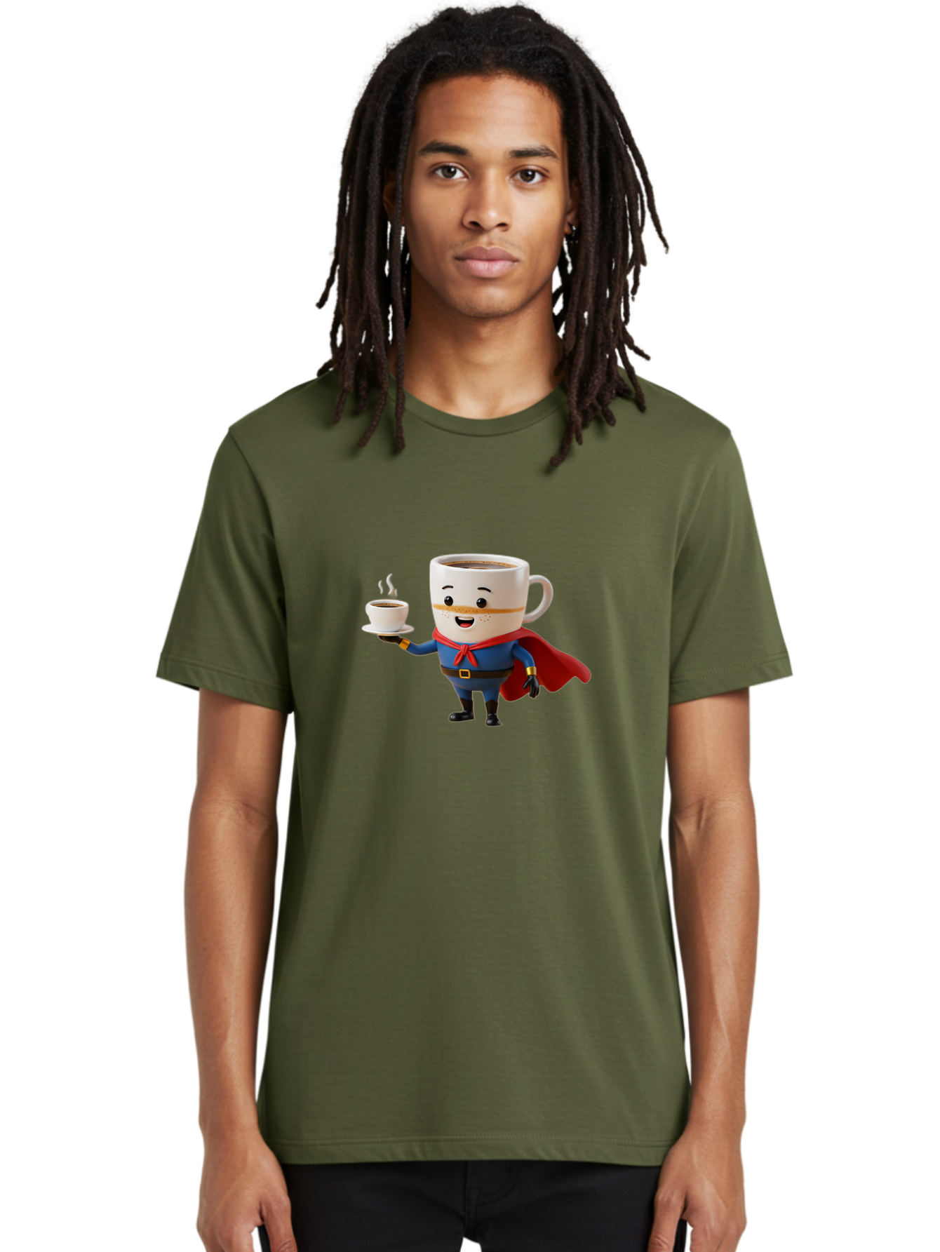 Coffee-Mug-Superhero Men'S Graphic Tee, 100% Cotton, Comfortable Casual Summer Wear, Machine Washable, Cartoon Coffee Mug, Superhero Outfit, Coffee Cup, Steaming Hot Coffee, Red Cape, Blue Uniform, Gold Accents, Quirky Character, Humor, Bab804
