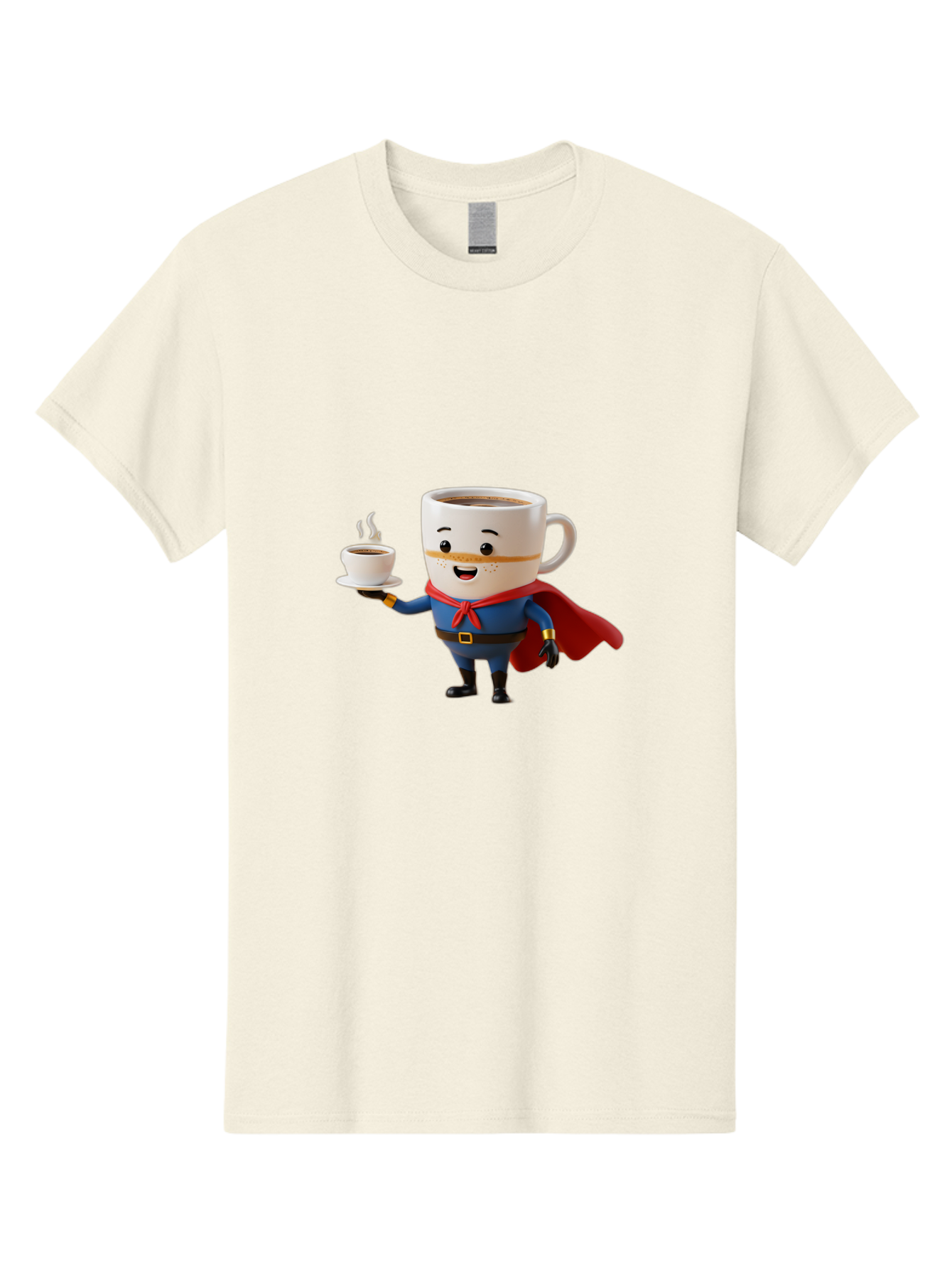 Coffee-Mug-Superhero Men'S Graphic Tee, 100% Cotton, Comfortable Casual Summer Wear, Machine Washable, Cartoon Coffee Mug, Superhero Outfit, Coffee Cup, Steaming Hot Coffee, Red Cape, Blue Uniform, Gold Accents, Quirky Character, Humor, Bab804