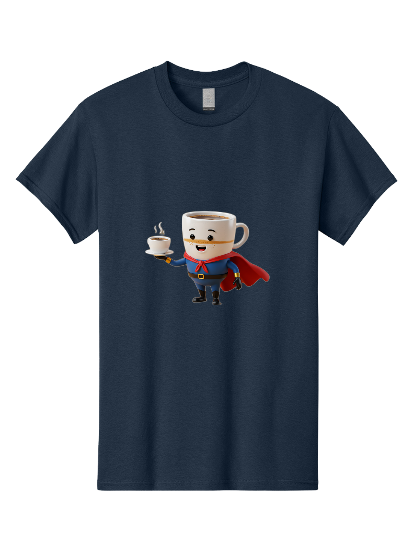 Coffee-Mug-Superhero Men'S Graphic Tee, 100% Cotton, Comfortable Casual Summer Wear, Machine Washable, Cartoon Coffee Mug, Superhero Outfit, Coffee Cup, Steaming Hot Coffee, Red Cape, Blue Uniform, Gold Accents, Quirky Character, Humor, Bab804