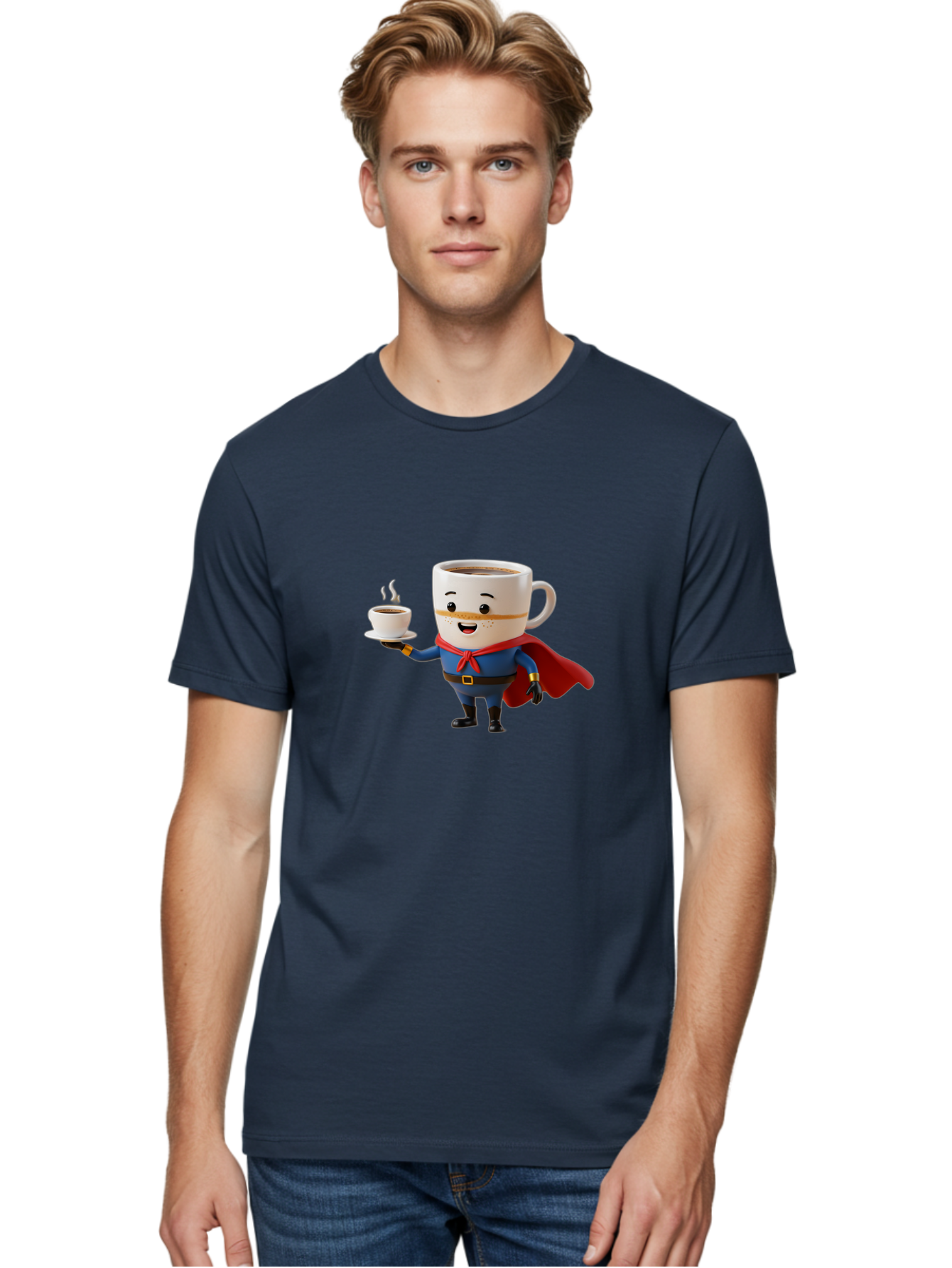Coffee-Mug-Superhero Men'S Graphic Tee, 100% Cotton, Comfortable Casual Summer Wear, Machine Washable, Cartoon Coffee Mug, Superhero Outfit, Coffee Cup, Steaming Hot Coffee, Red Cape, Blue Uniform, Gold Accents, Quirky Character, Humor, Bab804