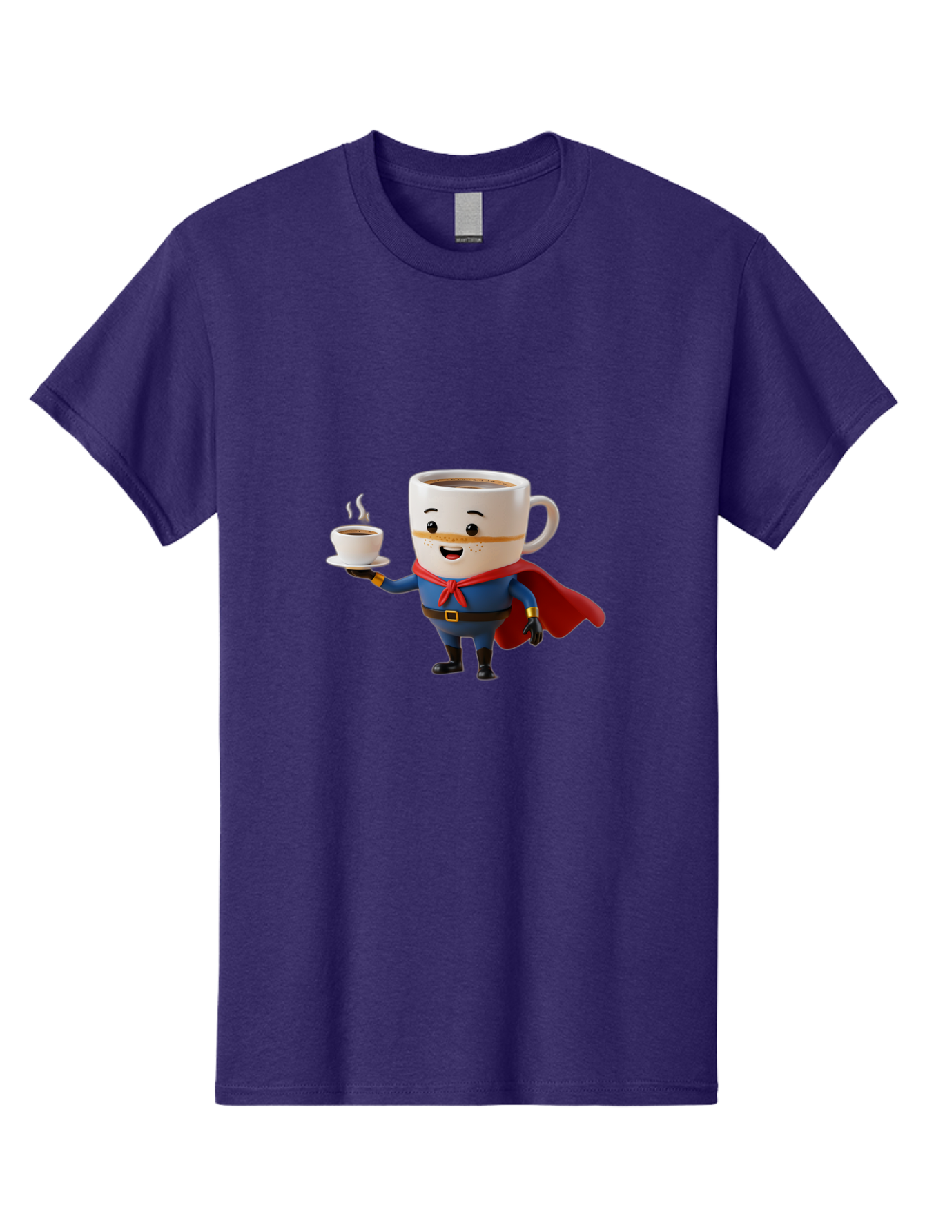 Coffee-Mug-Superhero Men'S Graphic Tee, 100% Cotton, Comfortable Casual Summer Wear, Machine Washable, Cartoon Coffee Mug, Superhero Outfit, Coffee Cup, Steaming Hot Coffee, Red Cape, Blue Uniform, Gold Accents, Quirky Character, Humor, Bab804