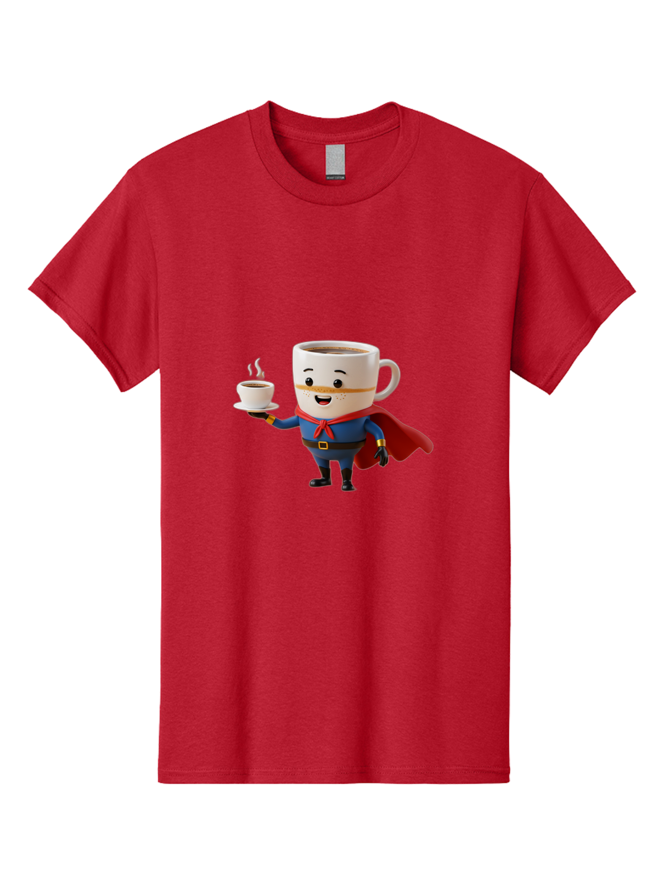 Coffee-Mug-Superhero Men'S Graphic Tee, 100% Cotton, Comfortable Casual Summer Wear, Machine Washable, Cartoon Coffee Mug, Superhero Outfit, Coffee Cup, Steaming Hot Coffee, Red Cape, Blue Uniform, Gold Accents, Quirky Character, Humor, Bab804
