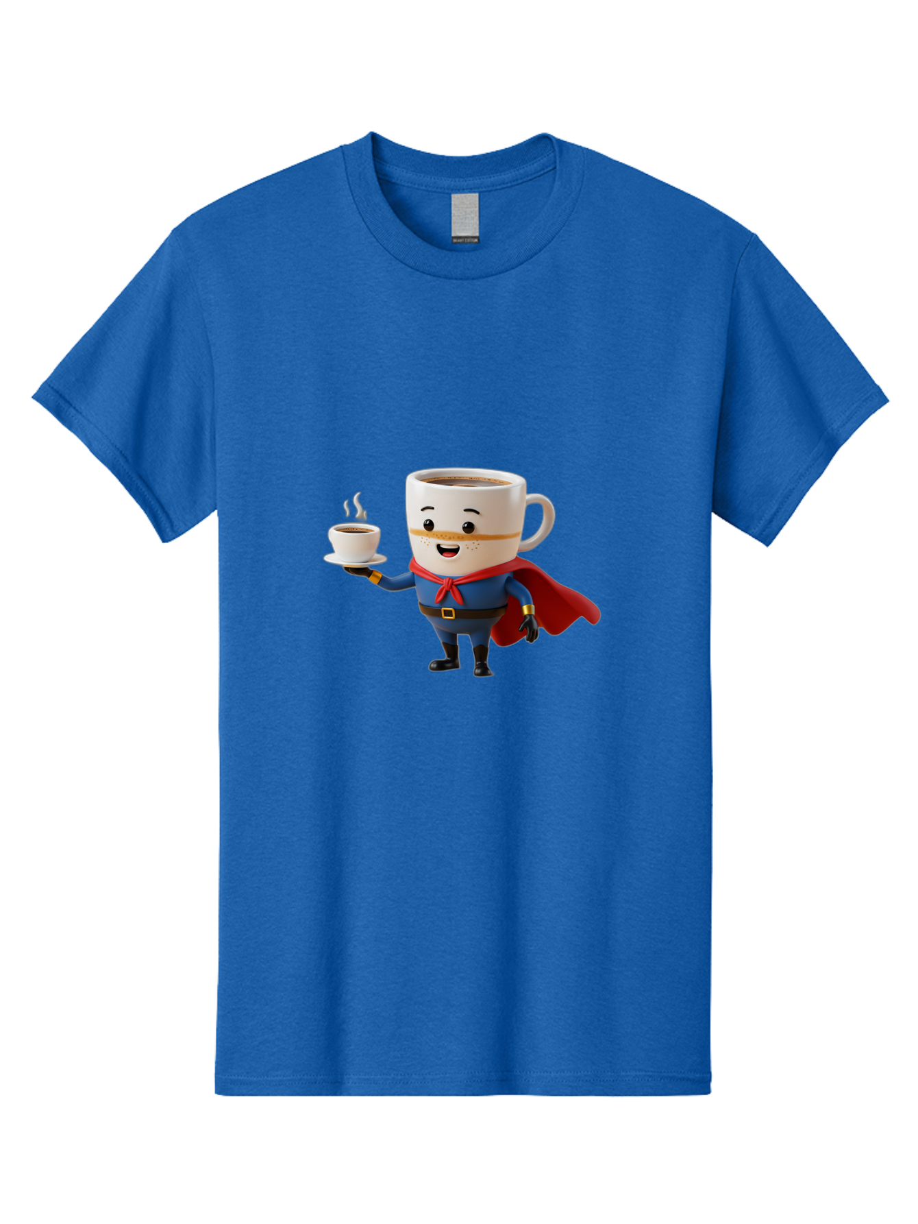 Coffee-Mug-Superhero Men'S Graphic Tee, 100% Cotton, Comfortable Casual Summer Wear, Machine Washable, Cartoon Coffee Mug, Superhero Outfit, Coffee Cup, Steaming Hot Coffee, Red Cape, Blue Uniform, Gold Accents, Quirky Character, Humor, Bab804