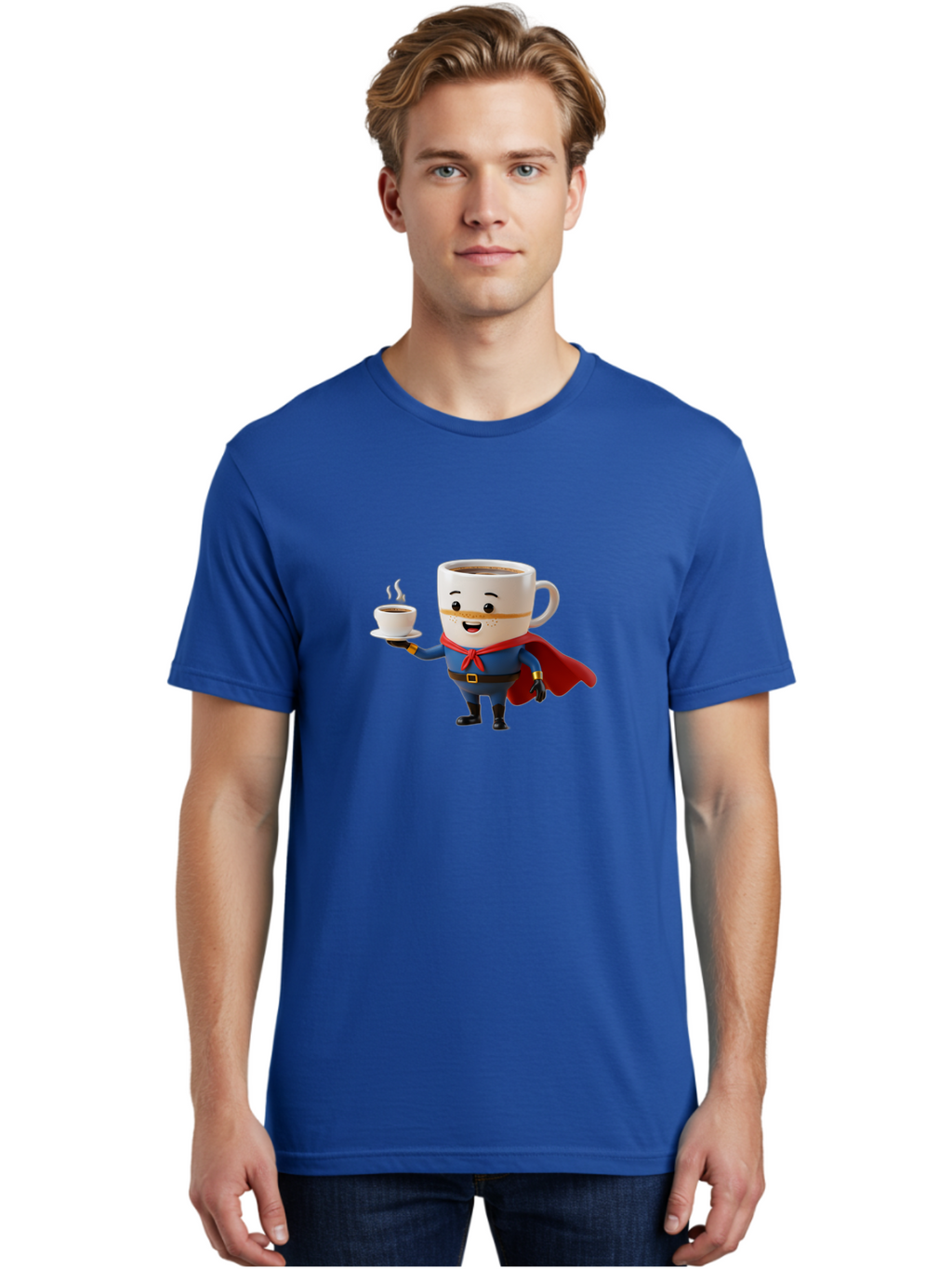 Coffee-Mug-Superhero Men'S Graphic Tee, 100% Cotton, Comfortable Casual Summer Wear, Machine Washable, Cartoon Coffee Mug, Superhero Outfit, Coffee Cup, Steaming Hot Coffee, Red Cape, Blue Uniform, Gold Accents, Quirky Character, Humor, Bab804