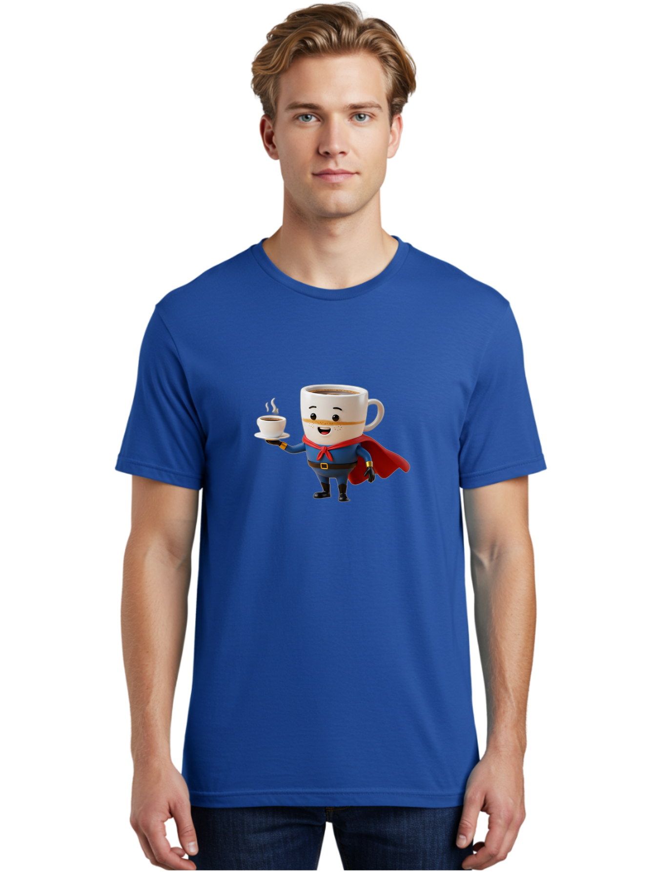 Coffee-Mug-Superhero Men'S Graphic Tee, 100% Cotton, Comfortable Casual Summer Wear, Machine Washable, Cartoon Coffee Mug, Superhero Outfit, Coffee Cup, Steaming Hot Coffee, Red Cape, Blue Uniform, Gold Accents, Quirky Character, Humor, Bab804
