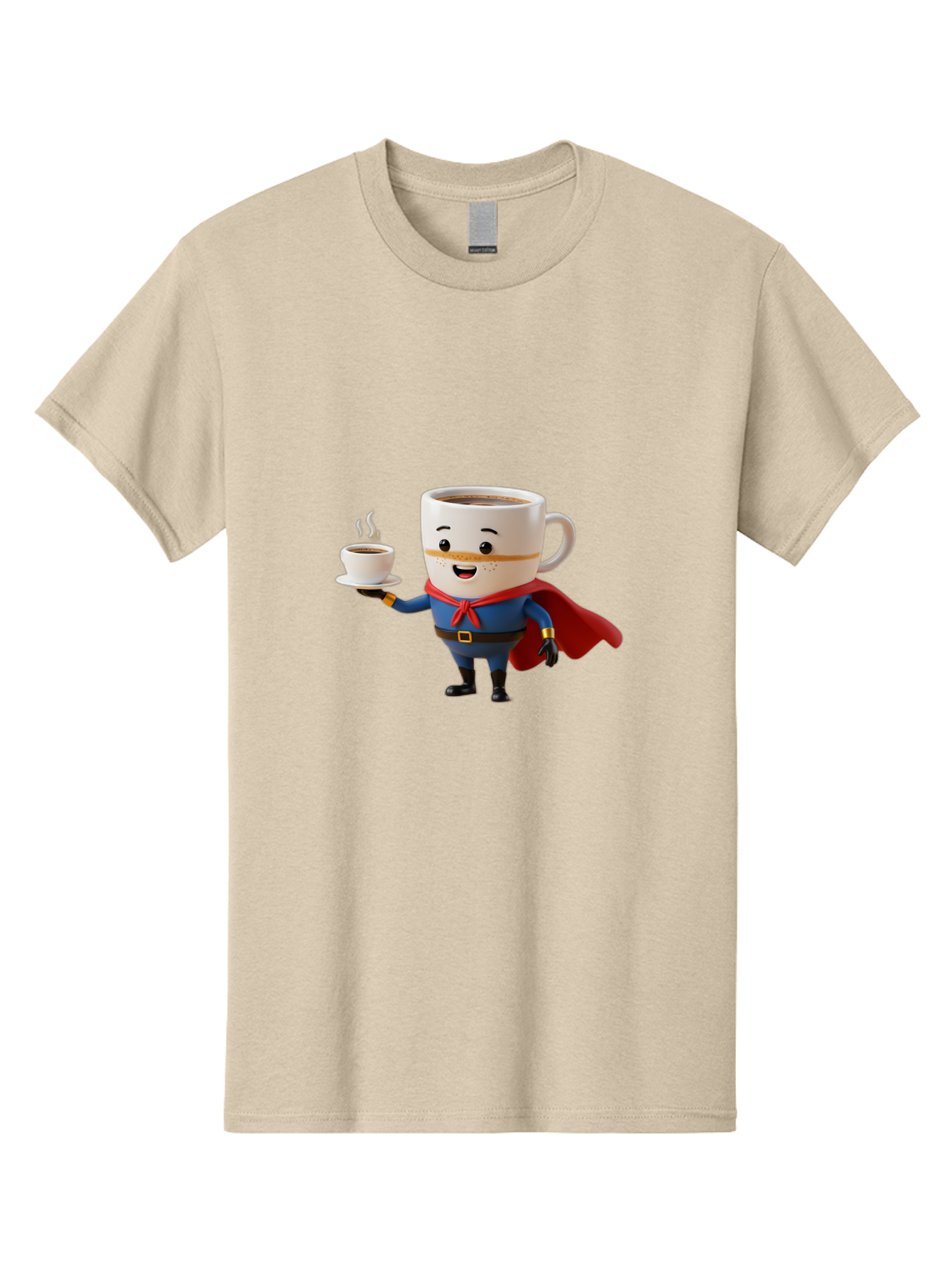 Coffee-Mug-Superhero Men'S Graphic Tee, 100% Cotton, Comfortable Casual Summer Wear, Machine Washable, Cartoon Coffee Mug, Superhero Outfit, Coffee Cup, Steaming Hot Coffee, Red Cape, Blue Uniform, Gold Accents, Quirky Character, Humor, Bab804