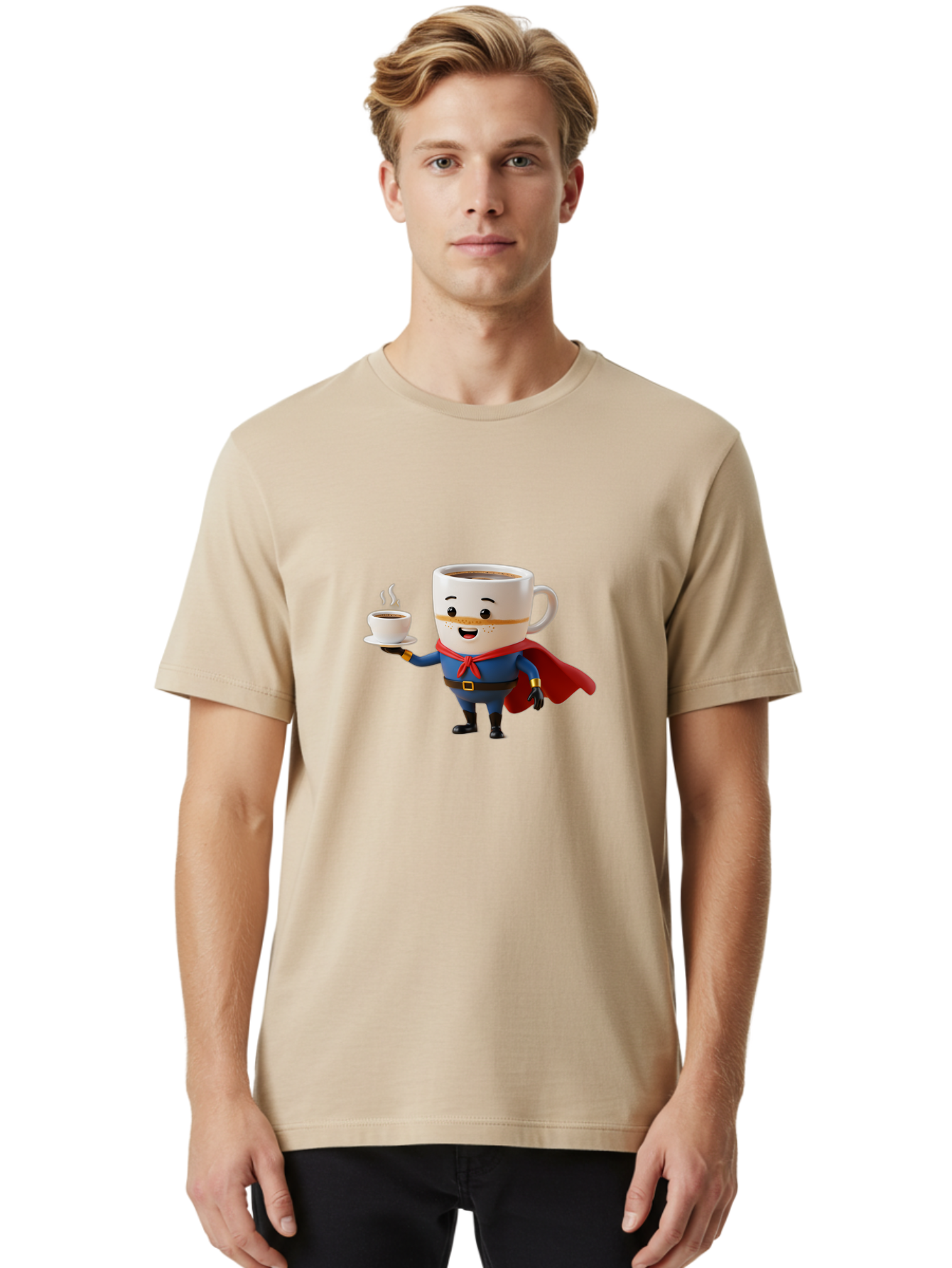Coffee-Mug-Superhero Men'S Graphic Tee, 100% Cotton, Comfortable Casual Summer Wear, Machine Washable, Cartoon Coffee Mug, Superhero Outfit, Coffee Cup, Steaming Hot Coffee, Red Cape, Blue Uniform, Gold Accents, Quirky Character, Humor, Bab804