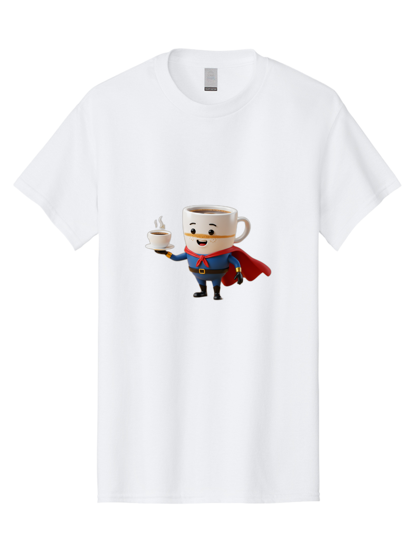 Coffee-Mug-Superhero Men'S Graphic Tee, 100% Cotton, Comfortable Casual Summer Wear, Machine Washable, Cartoon Coffee Mug, Superhero Outfit, Coffee Cup, Steaming Hot Coffee, Red Cape, Blue Uniform, Gold Accents, Quirky Character, Humor, Bab804