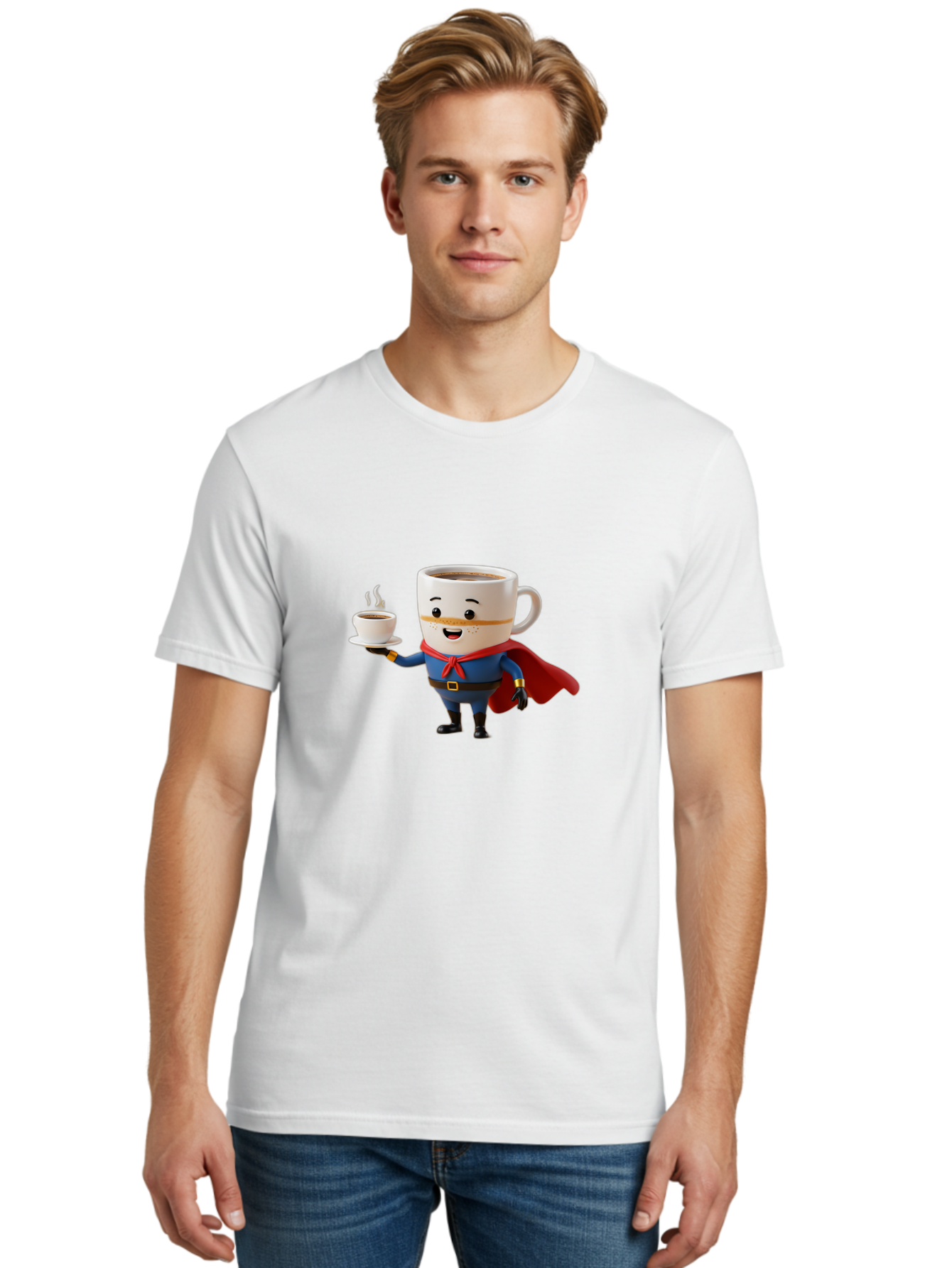 Coffee-Mug-Superhero Men'S Graphic Tee, 100% Cotton, Comfortable Casual Summer Wear, Machine Washable, Cartoon Coffee Mug, Superhero Outfit, Coffee Cup, Steaming Hot Coffee, Red Cape, Blue Uniform, Gold Accents, Quirky Character, Humor, Bab804